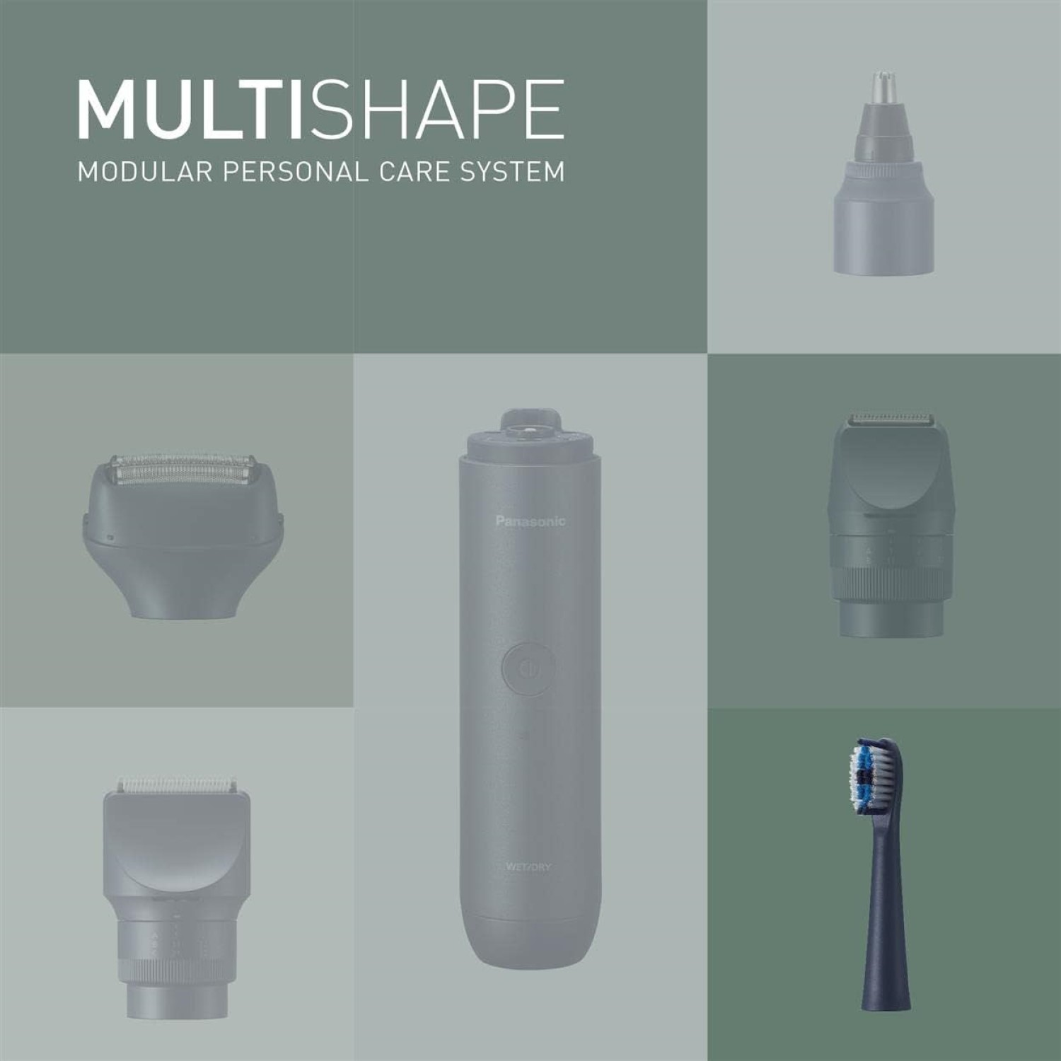 System pielęgnacji osobistej Panasonic Multishape z różnymi wymiennymi nasadkami na zielonym tle.