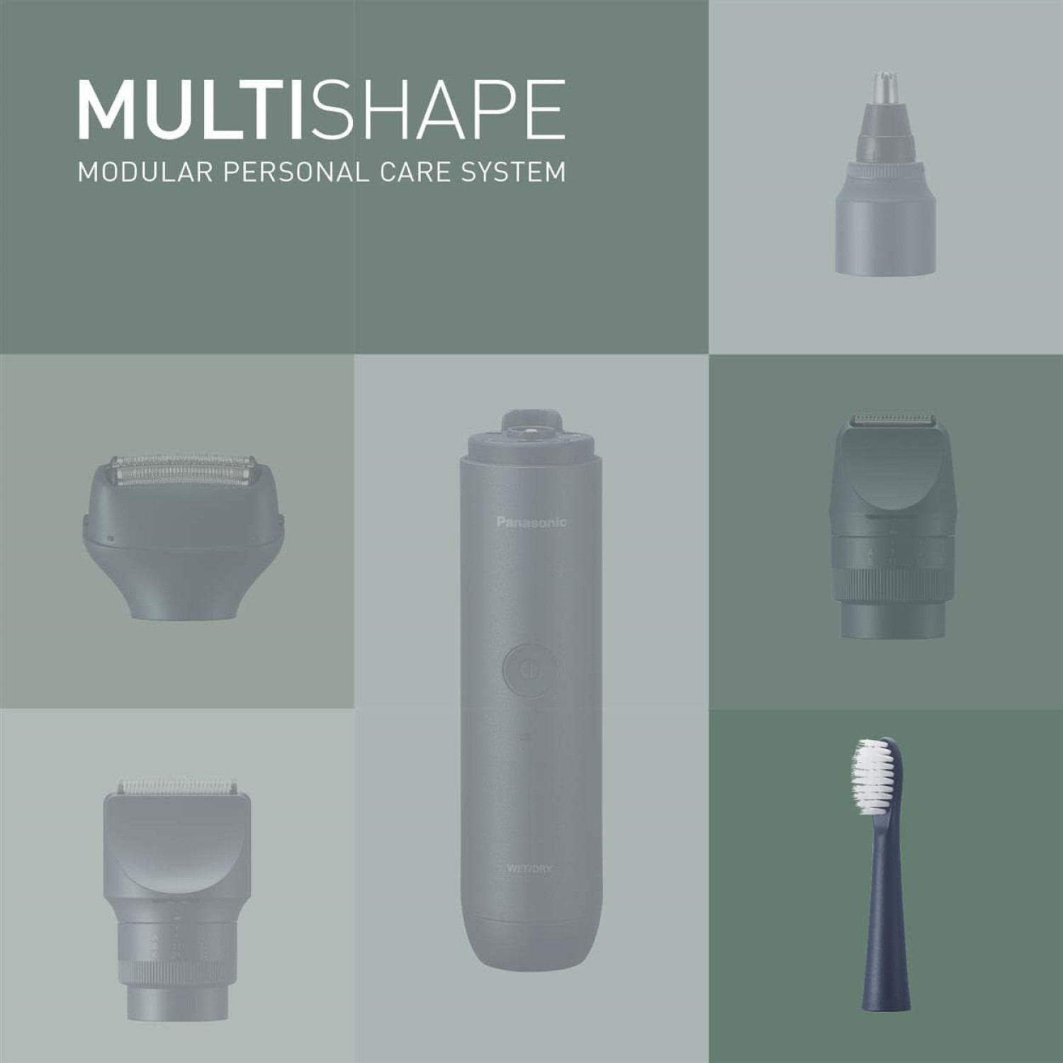 Zielona siatka przedstawiająca modularny system pielęgnacji osobistej Panasonic Multishape.