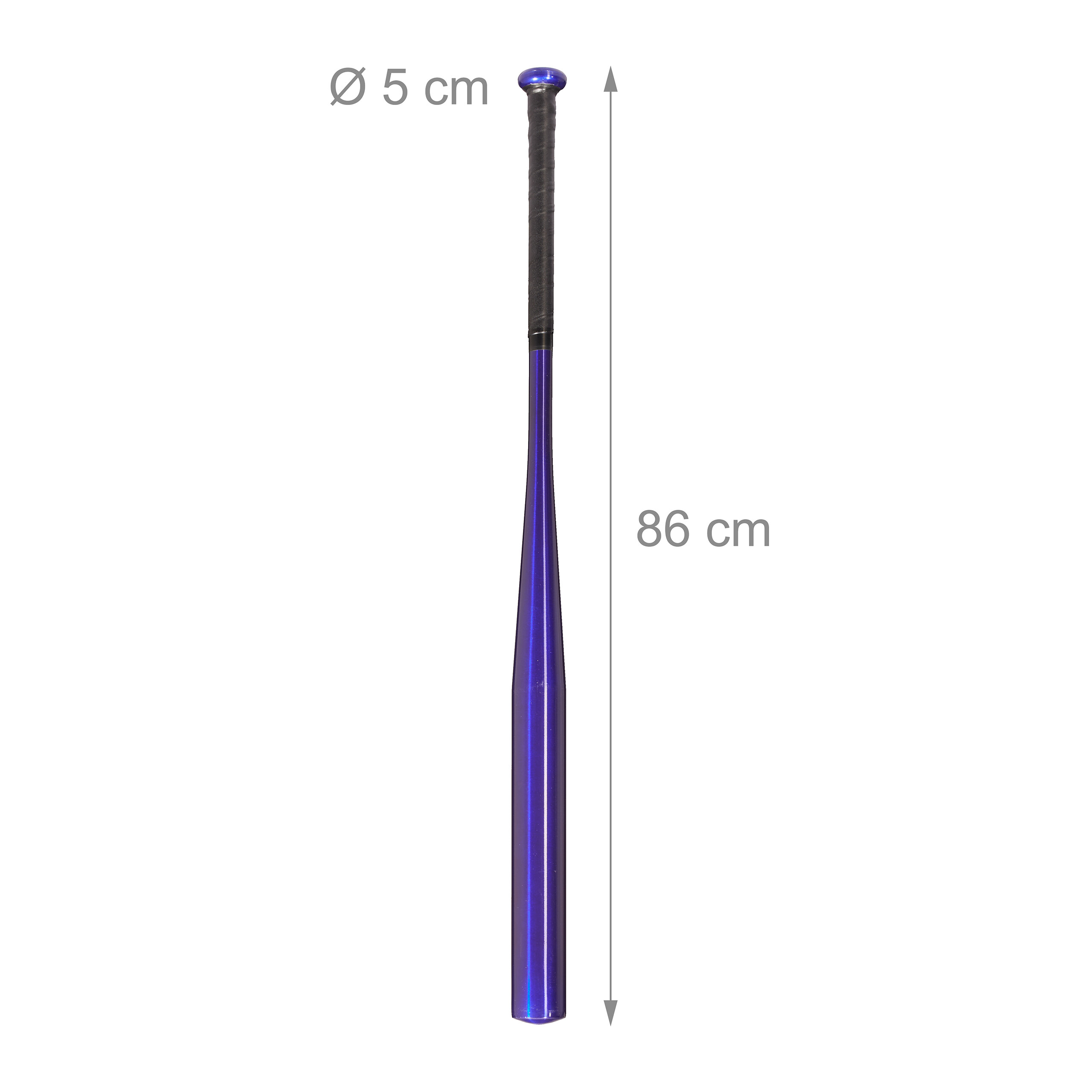 Glänzender blauer Baseballschläger, 86 cm lang und 5 cm im Durchmesser, mit schwarzem Griff.