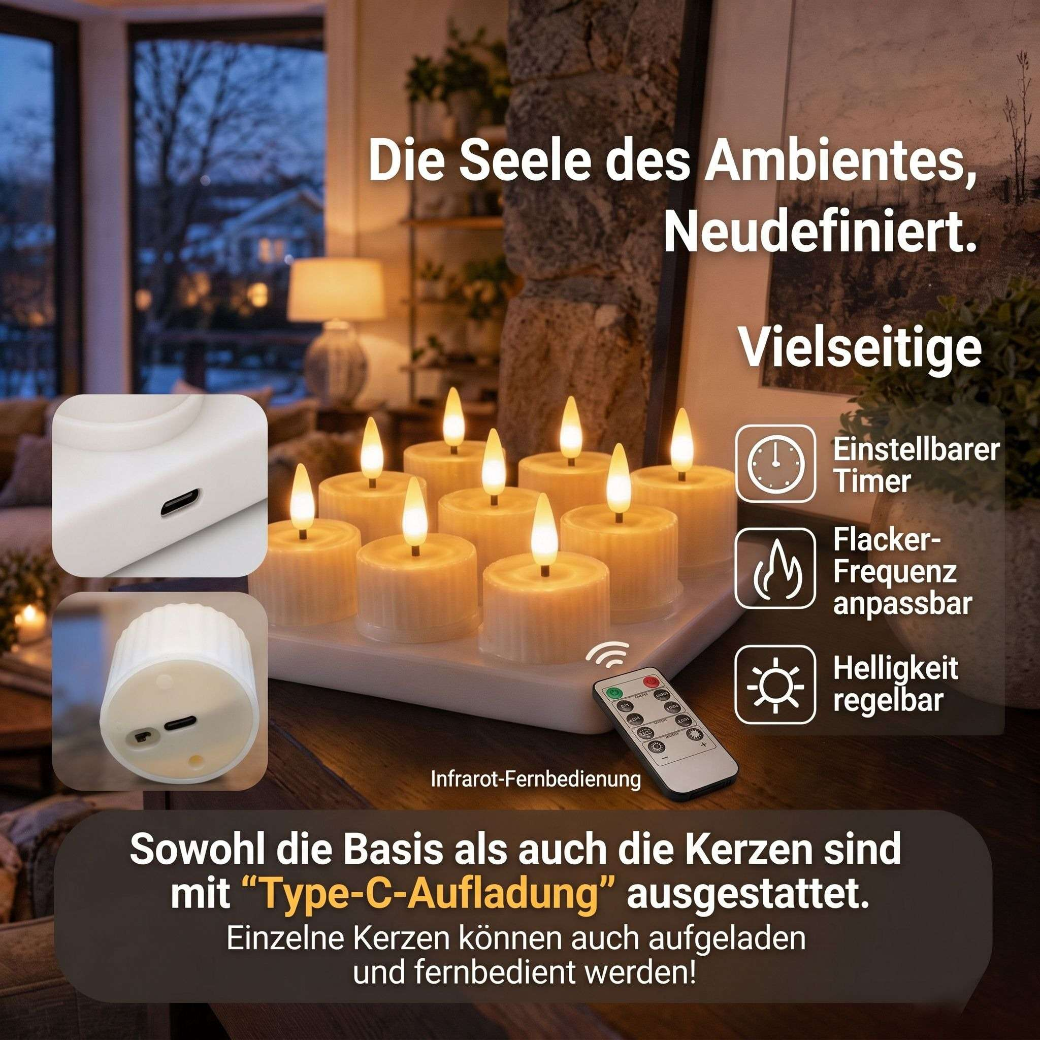 HIYORI 6 Glatt LED Flackerlicht Type-C Aufladbar electric candle light