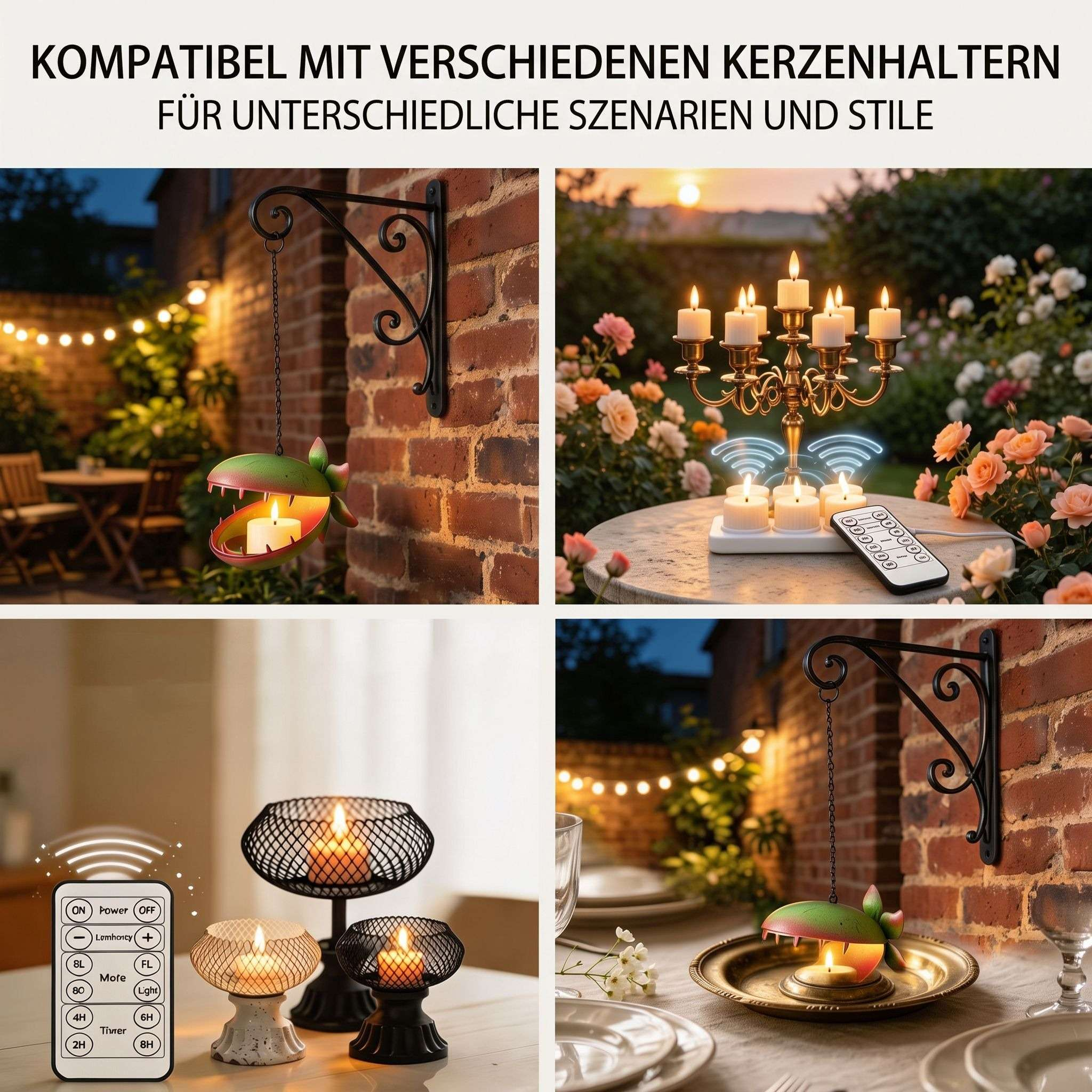 Vier Bilder zeigen verschiedene Kerzenhalter und Teelichter in unterschiedlichen Stilen und Umgebungen.
