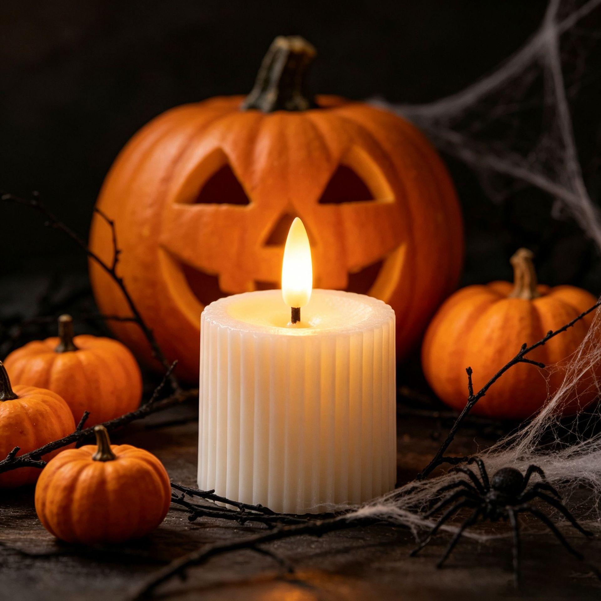 Halloween-Szene mit brennender Kerze, geschnitztem Kürbis, kleinen Kürbissen, Spinnweben und einer Spinne.