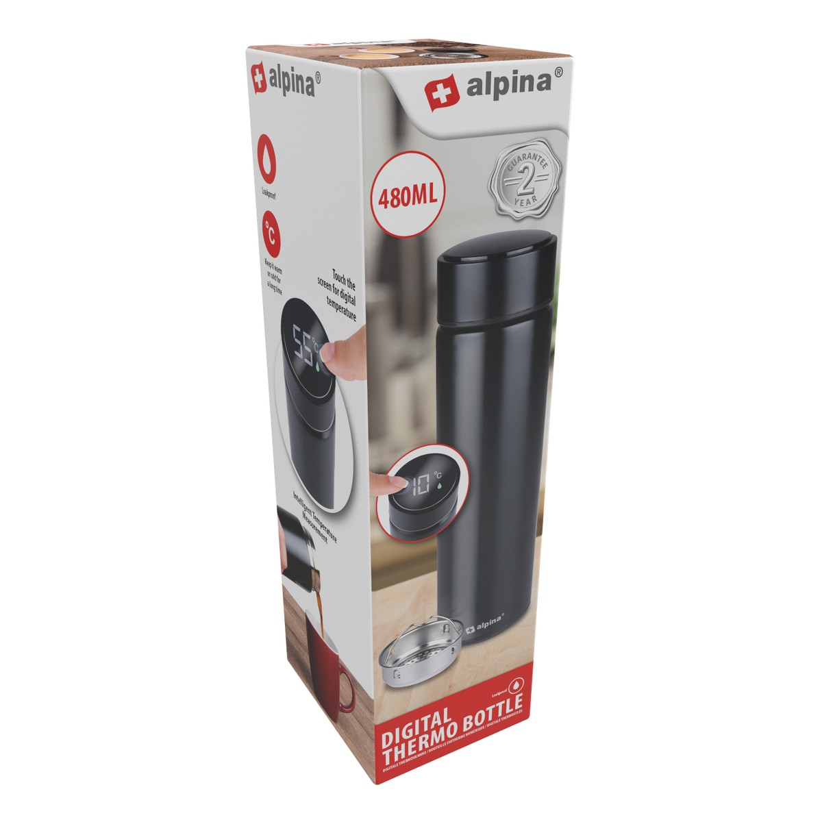 Verpackung für Alpina digitale Thermosflasche mit schwarzer Thermoskanne, 480ml Fassungsvermögen und Display.
