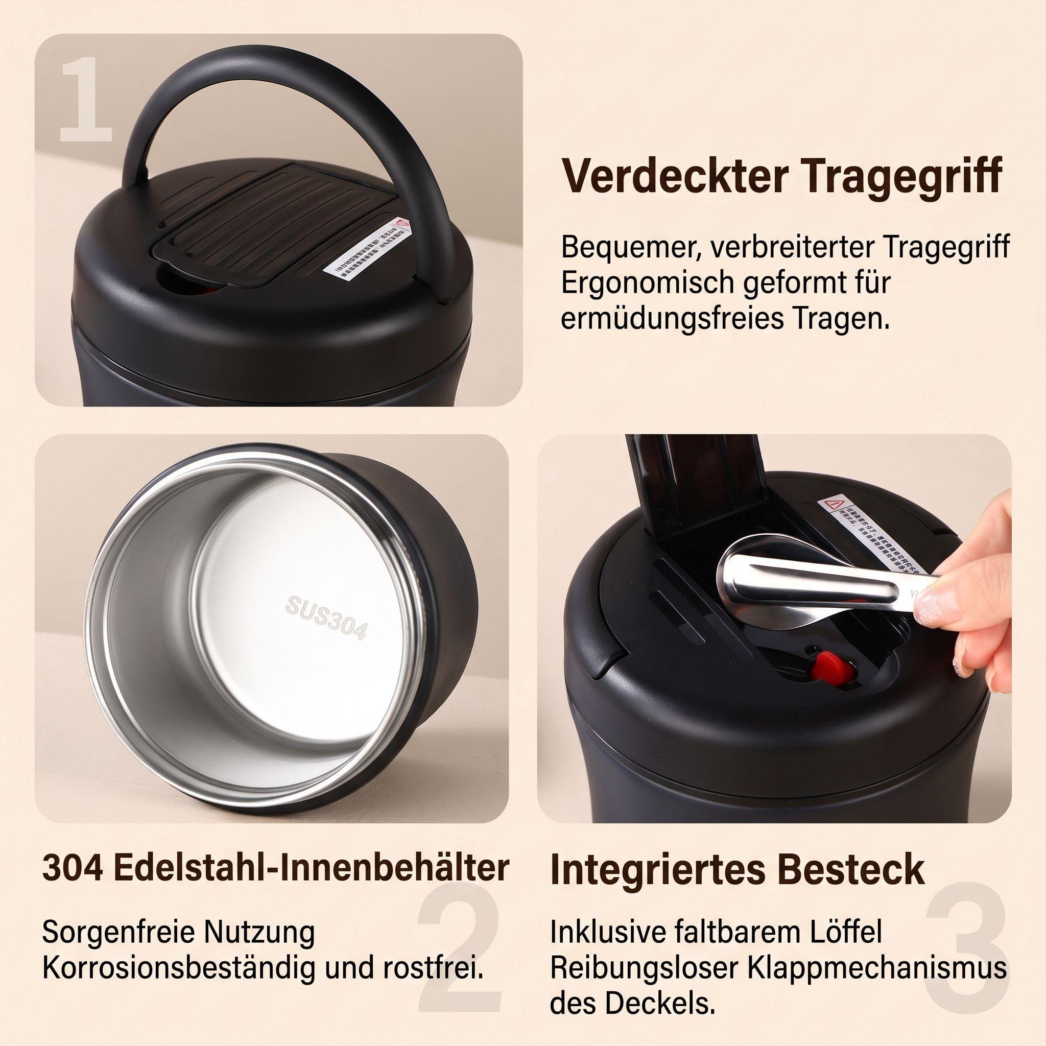 Schwarze Thermobox mit Tragegriff, Edelstahlbehälter und integriertem Löffel im Deckel.