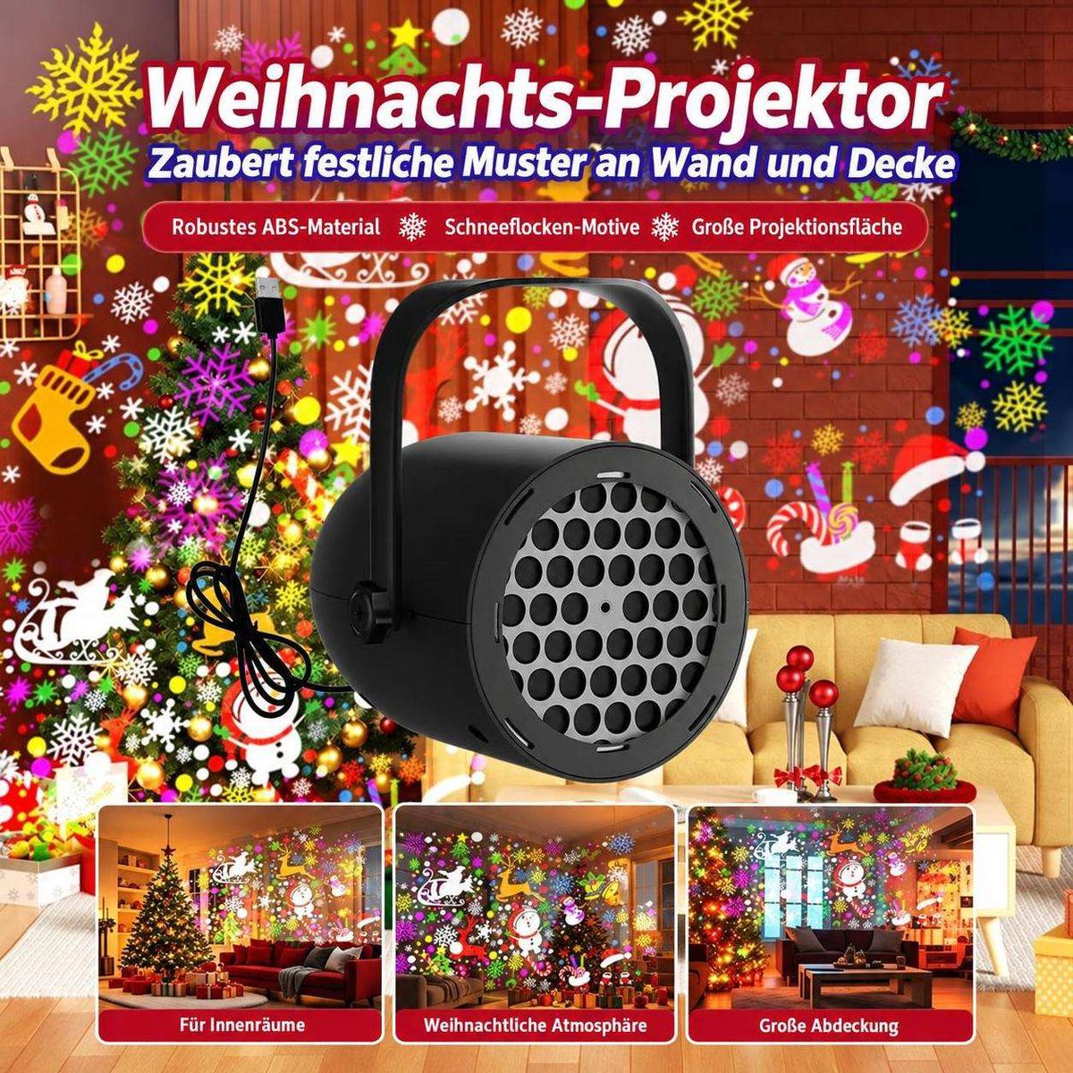 Ein schwarzer Weihnachts-Projektor zeigt bunte Schneeflocken und festliche Muster im Wohnzimmer.