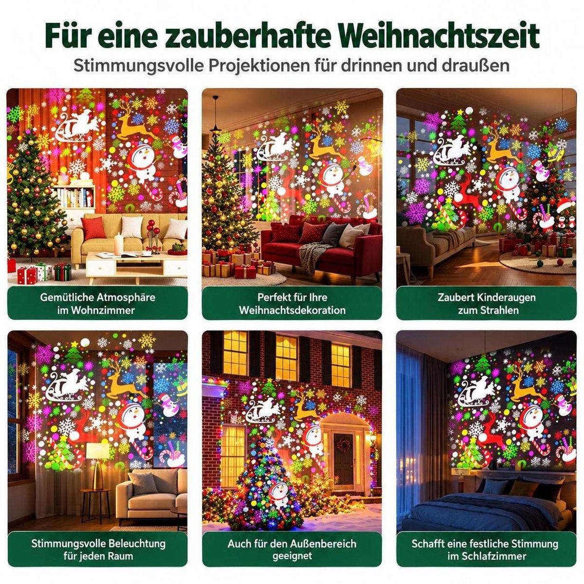 Sechs Bilder zeigen bunte Weihnachtsprojektionen an Wänden in verschiedenen Innen- und Außenbereichen.