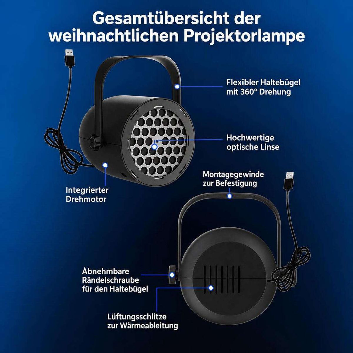 Übersicht einer schwarzen Weihnachtsprojektorlampe mit Beschriftungen zu Haltebügel, Linse und Anschlüssen auf blauem Grund.