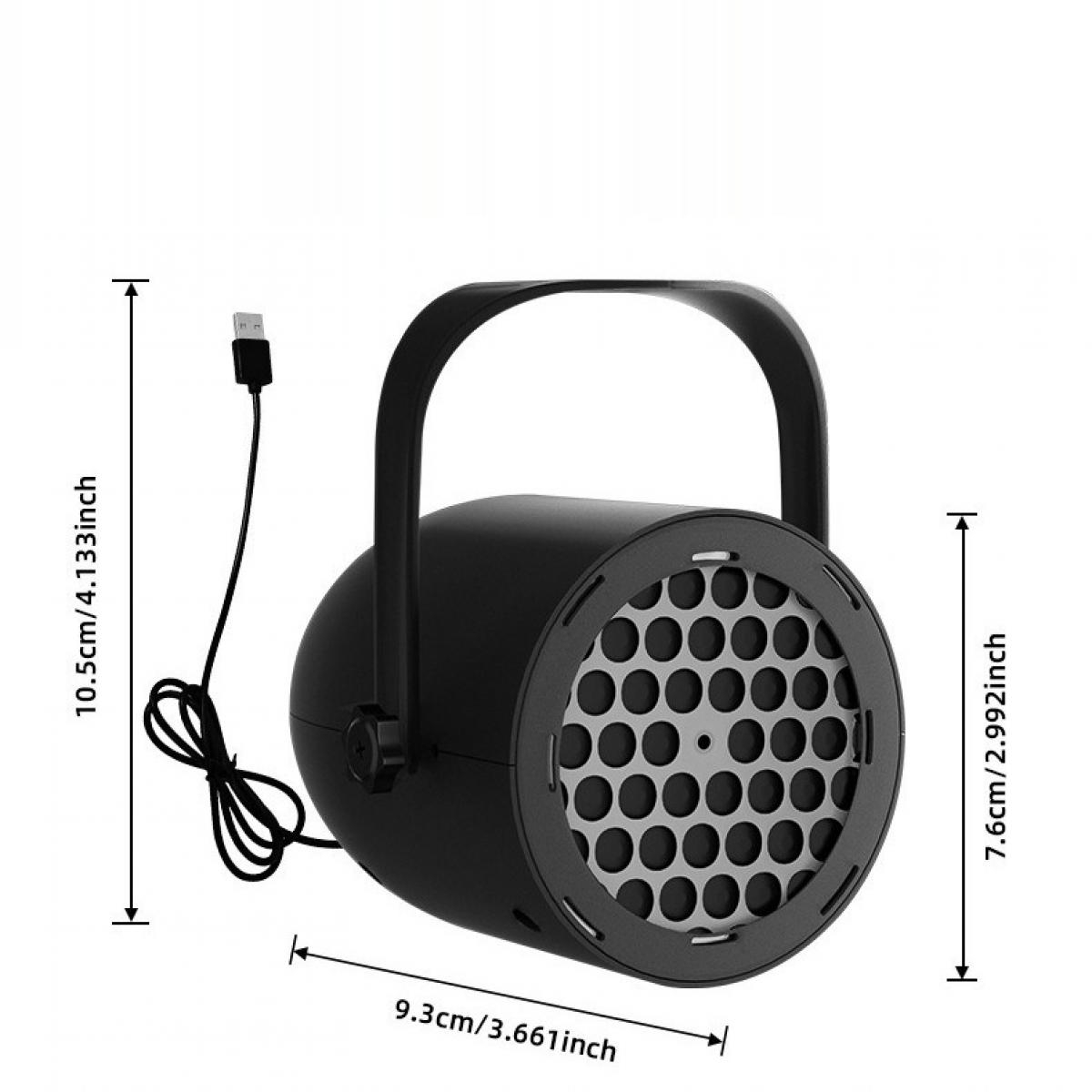 Schwarzer runder Projektor mit Haltegriff, USB-Kabel und Maßen auf weißem Hintergrund.