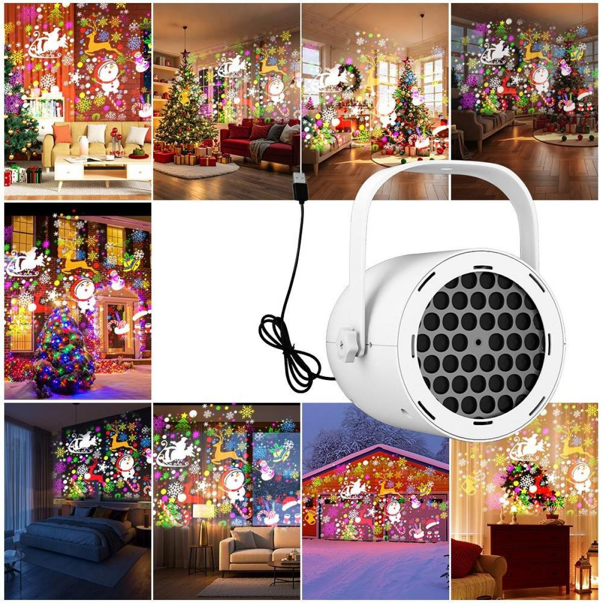 Ein weißer LED-Weihnachtsprojektor mit verschiedenen bunten Feiertagsprojektionen auf Wänden und im Freien.