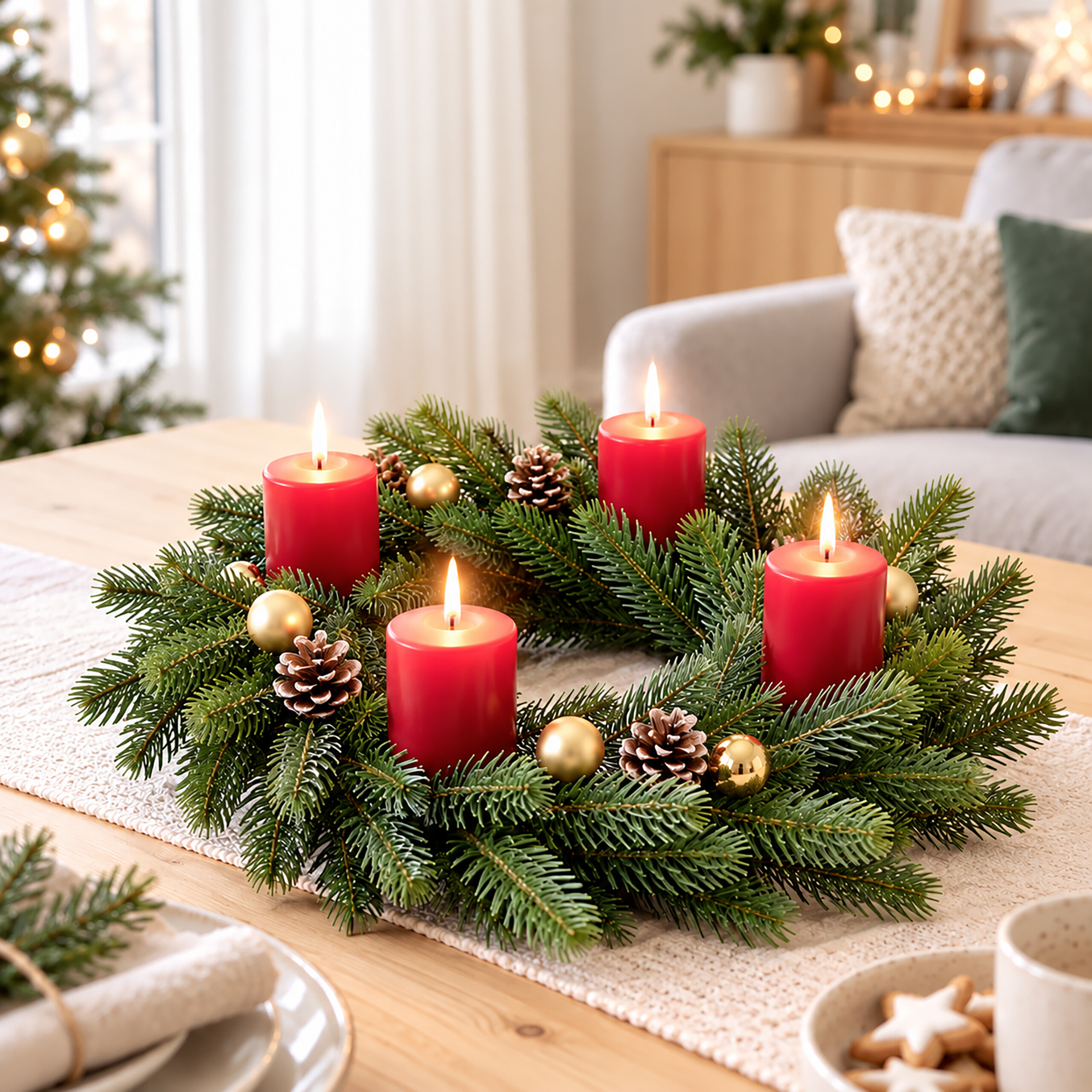 Ein Adventskranz aus Tannengrün mit vier roten Kerzen, goldenen Kugeln und Zapfen auf einem Holztisch.