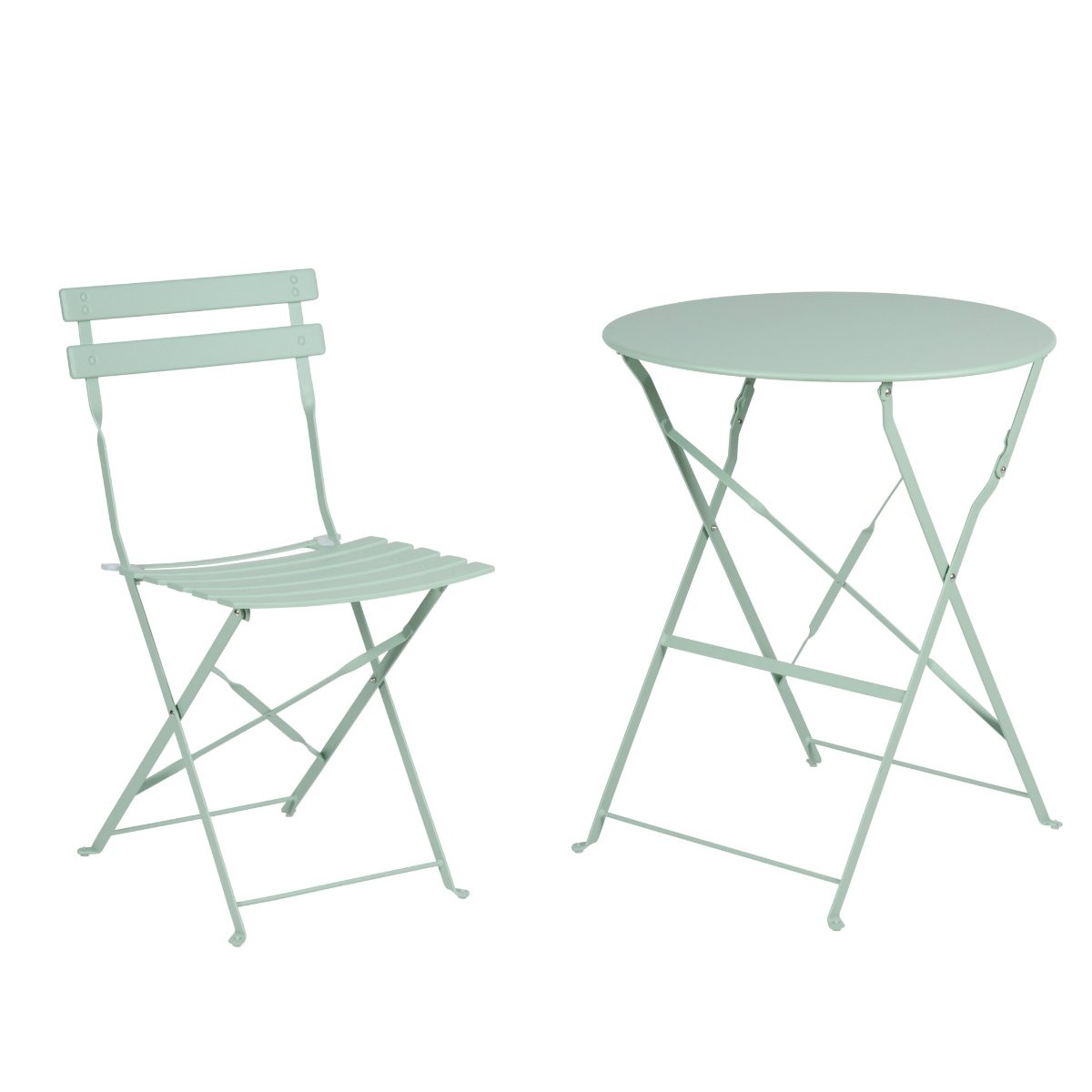 Een lichtgroene opvouwbare metalen tafel en bijpassende stoel tegen een witte achtergrond.