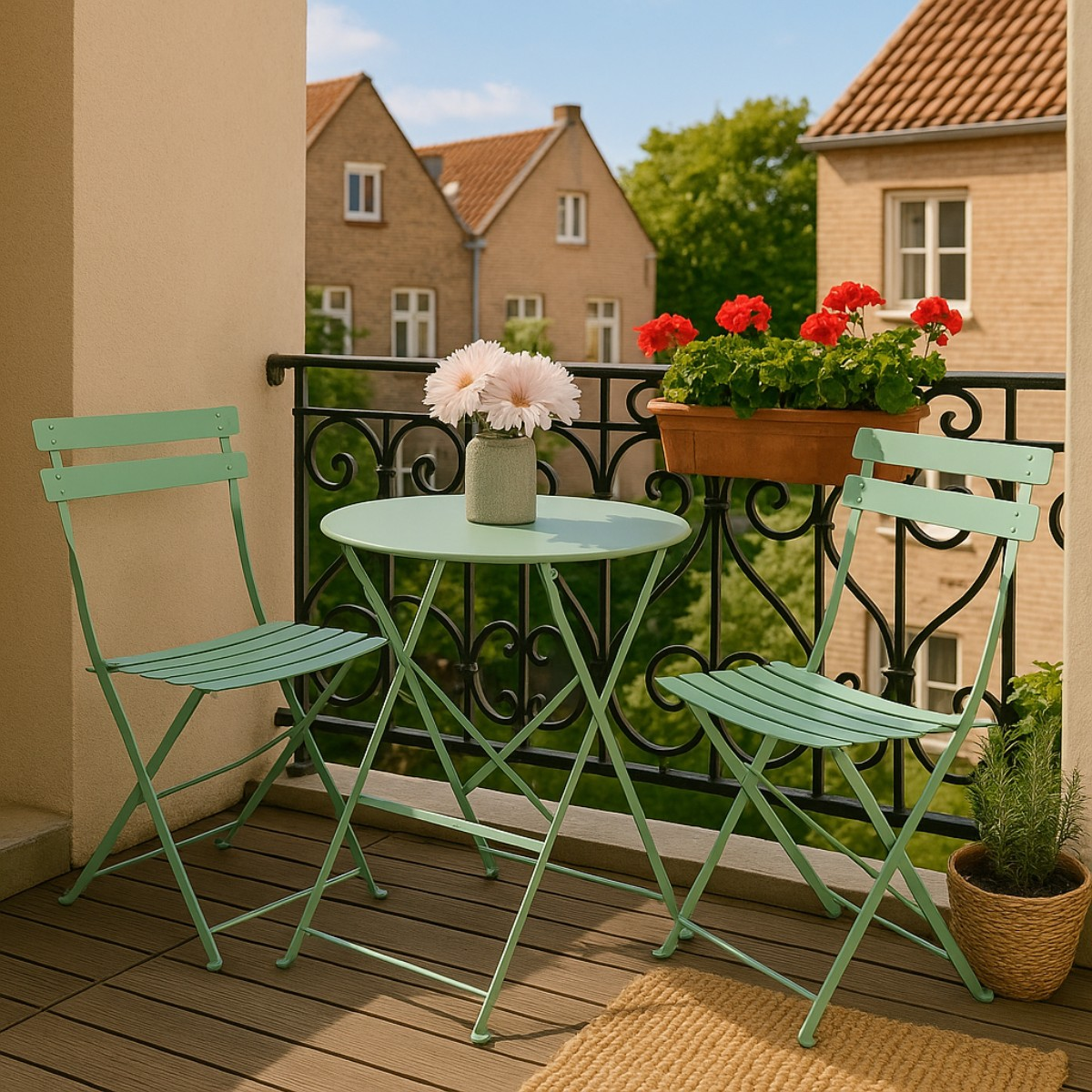 Groene tafel en stoelen op een balkon met bloemen en gebouwen.