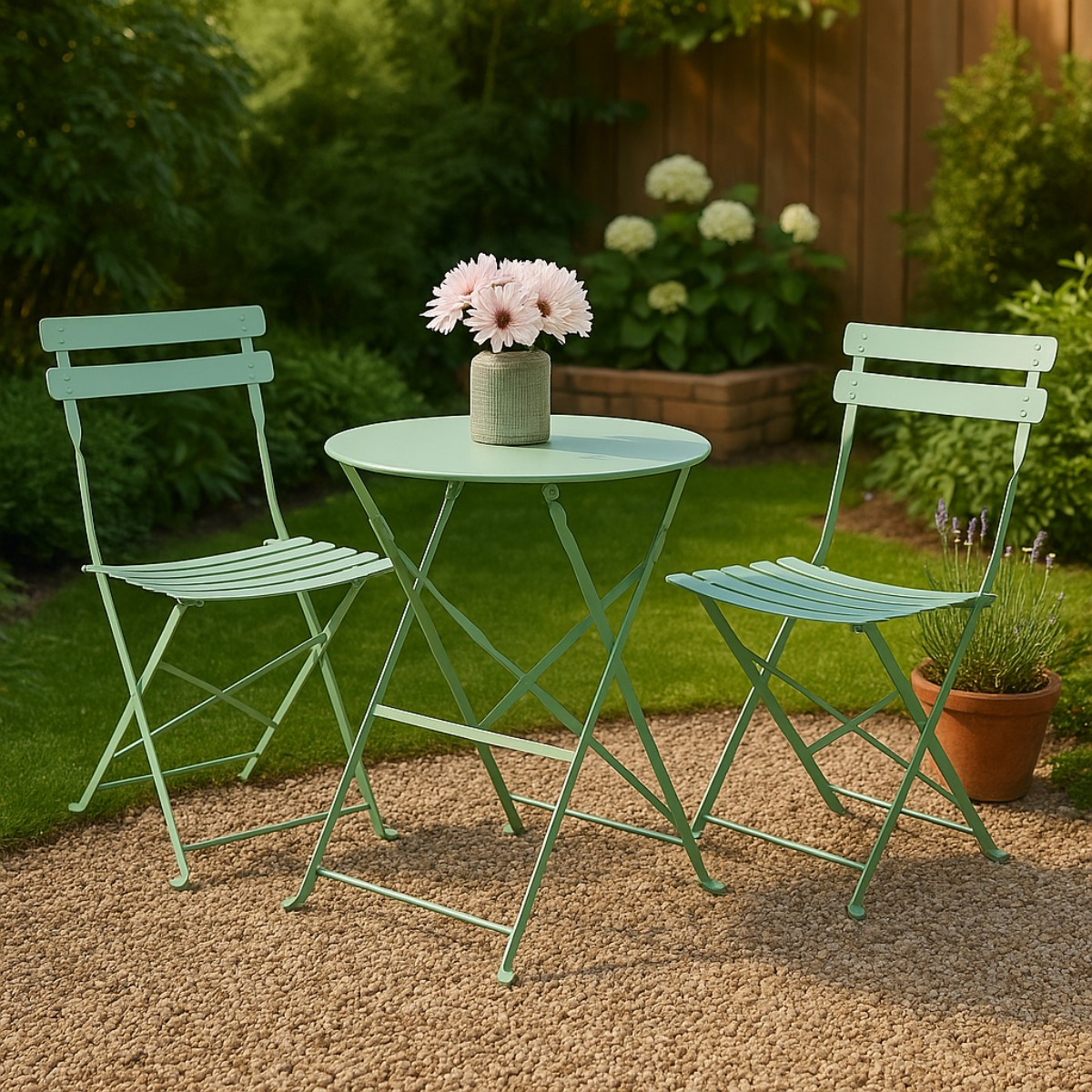 Een groene tuintafel met twee bijpassende stoelen staat op grind voor gazon en bloemen.