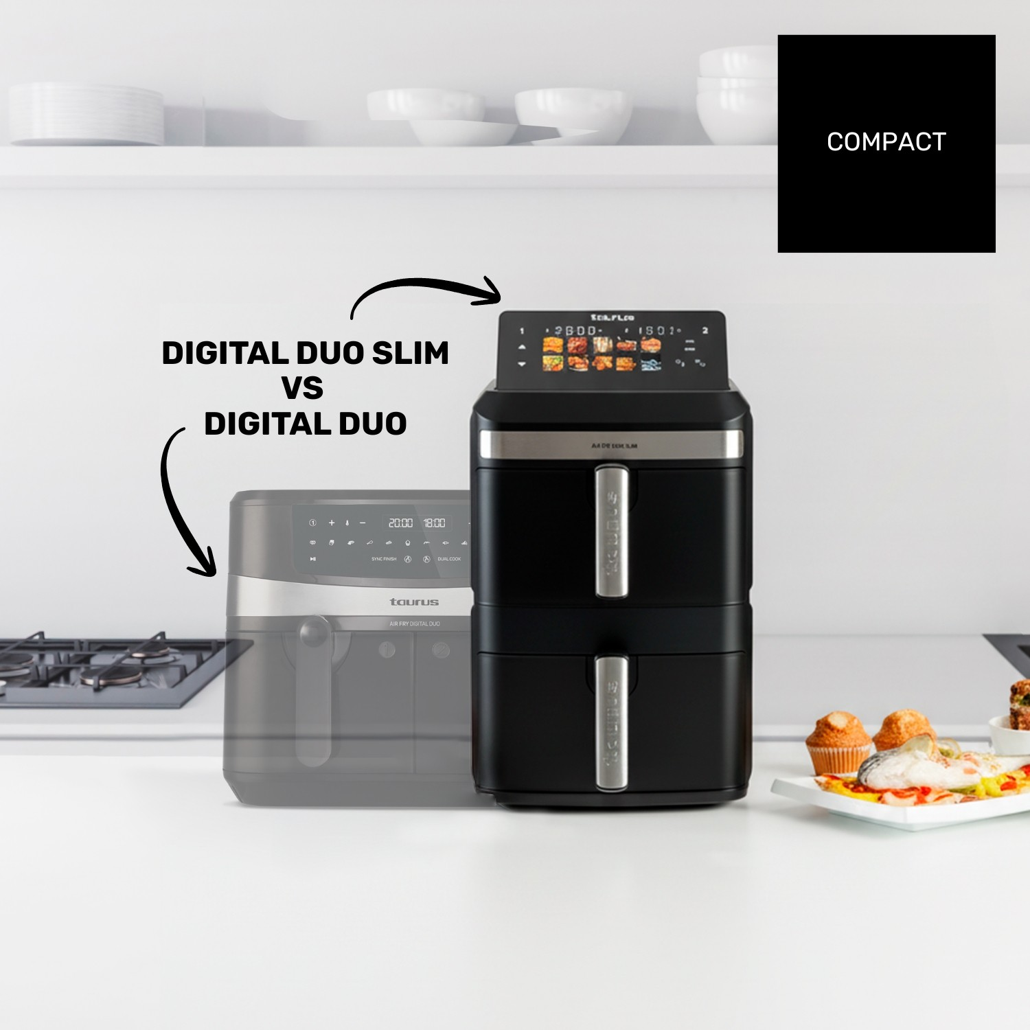 Comparación de las freidoras de aire Taurus Digital Duo Slim y Digital Duo en una encimera.