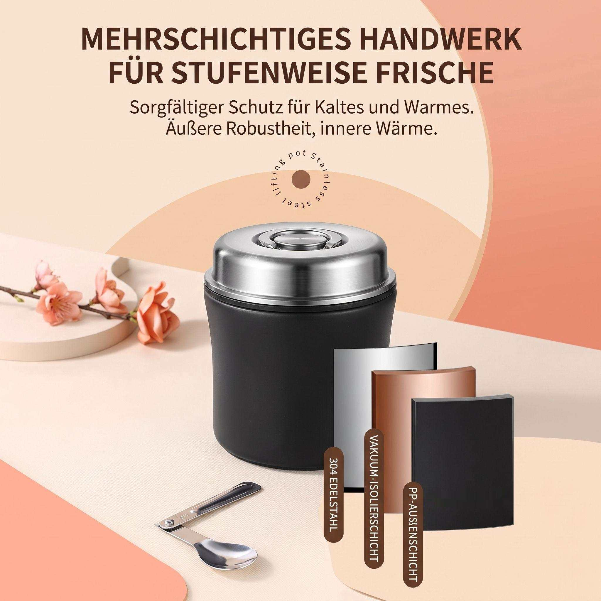 Schwarzer Thermobehälter mit Edelstahldeckel, Löffel und mehrschichtigen Schichten dargestellt vor rosafarbenem Hintergrund.