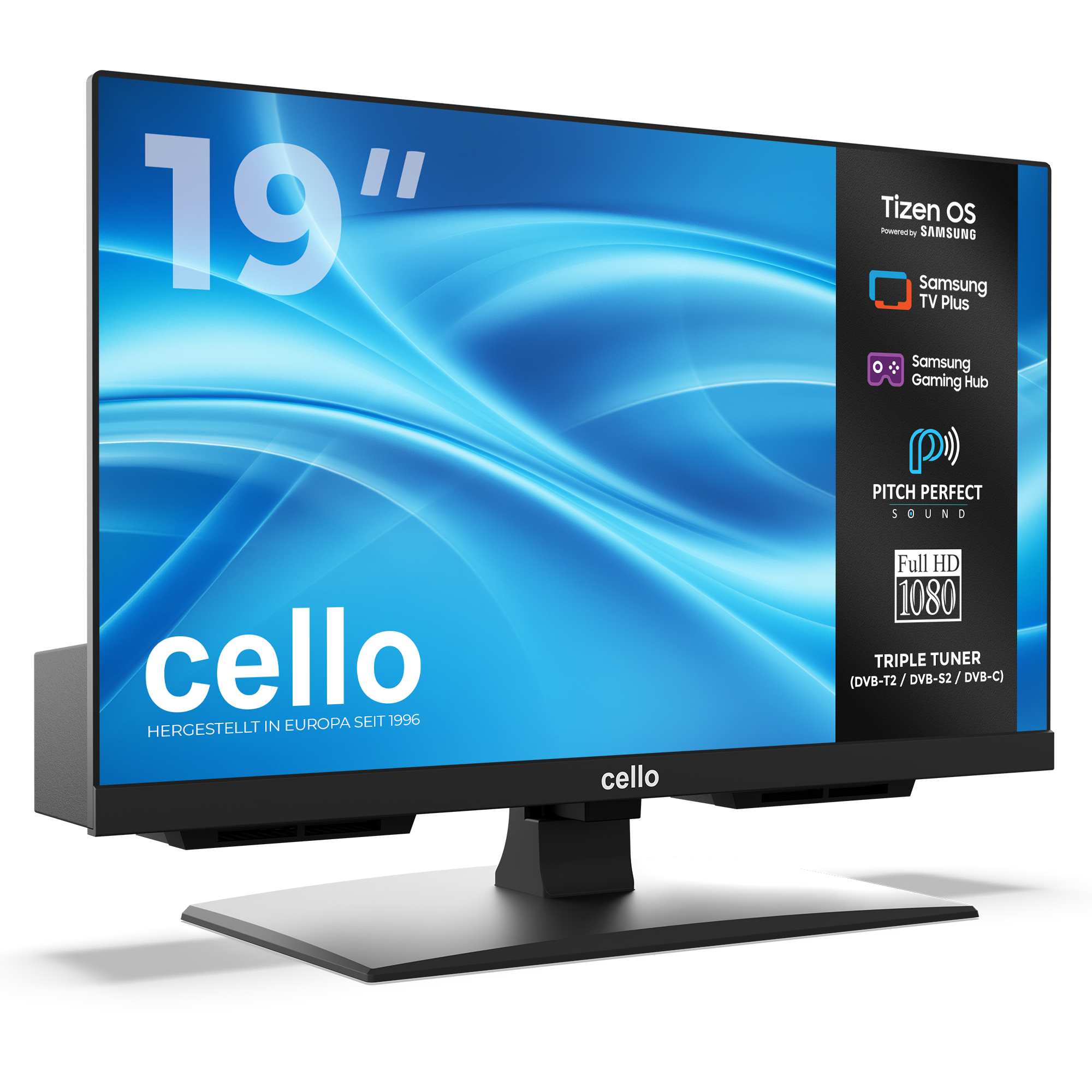 Schwarzer 19-Zoll-Cello-Fernseher mit blauem Bildschirm und Tizen OS auf einem Ständer vor weißem Hintergrund.