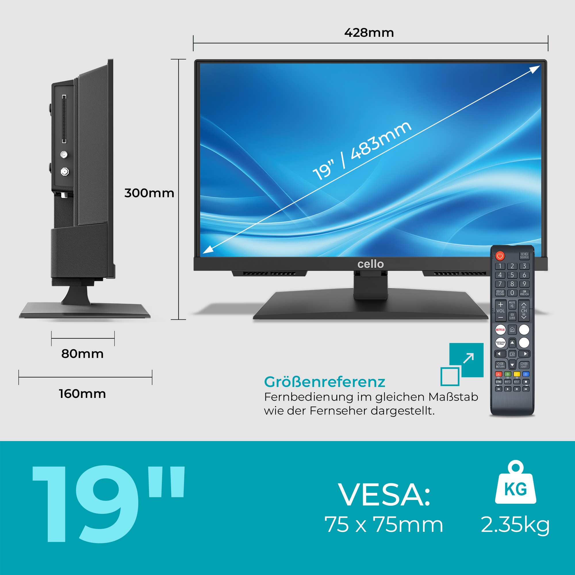 Technische Zeichnung eines 19-Zoll Cello-Fernsehers mit Maßen, Seitenansicht, Fernbedienung und VESA-Details.