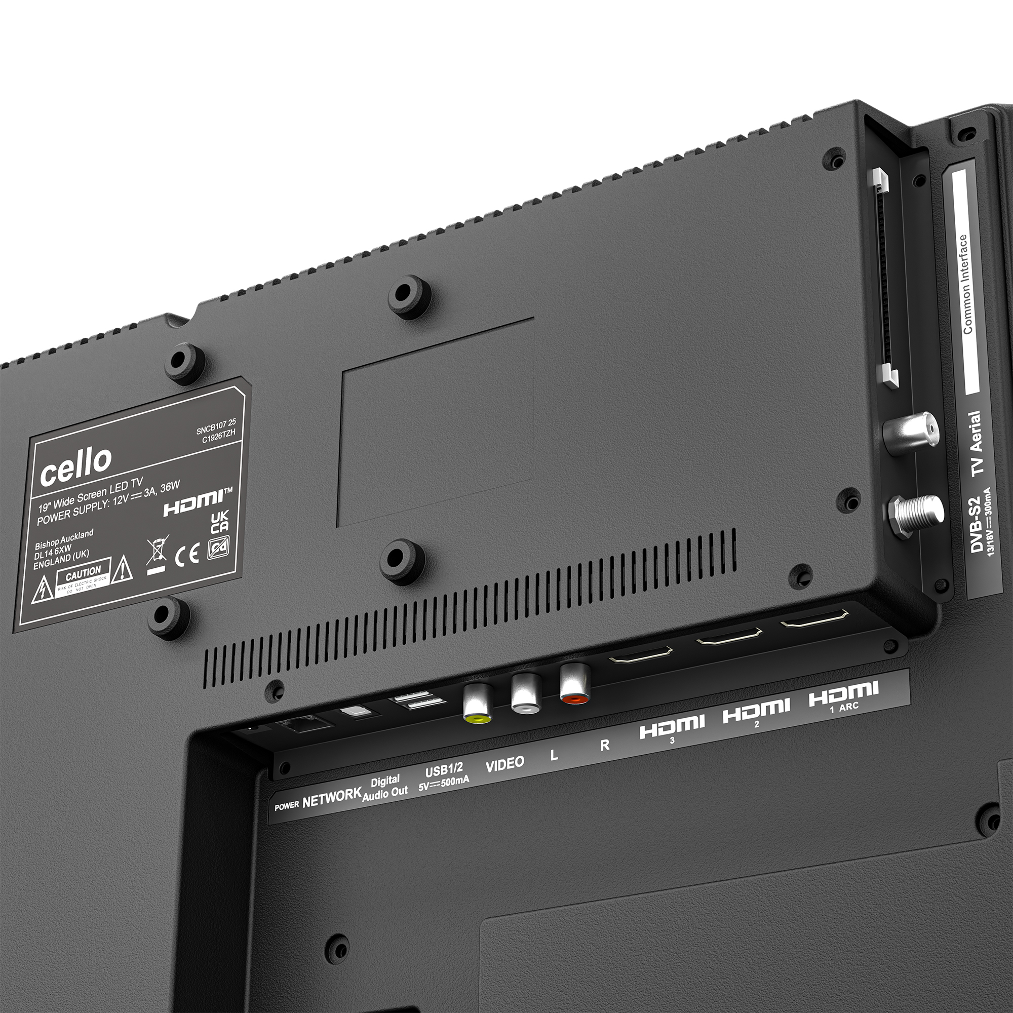 Rückseite eines schwarzen Cello-Fernsehers mit verschiedenen Anschlüssen wie HDMI, USB und Antenne.
