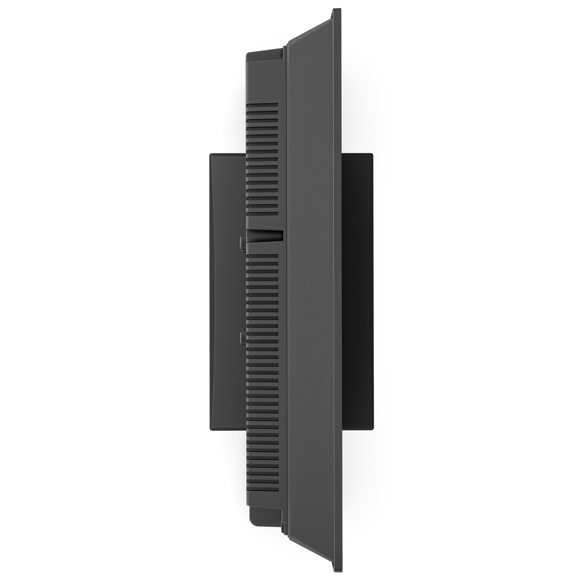 Seitenansicht eines schwarzen Computerbildschirms auf einem weißen Hintergrund.