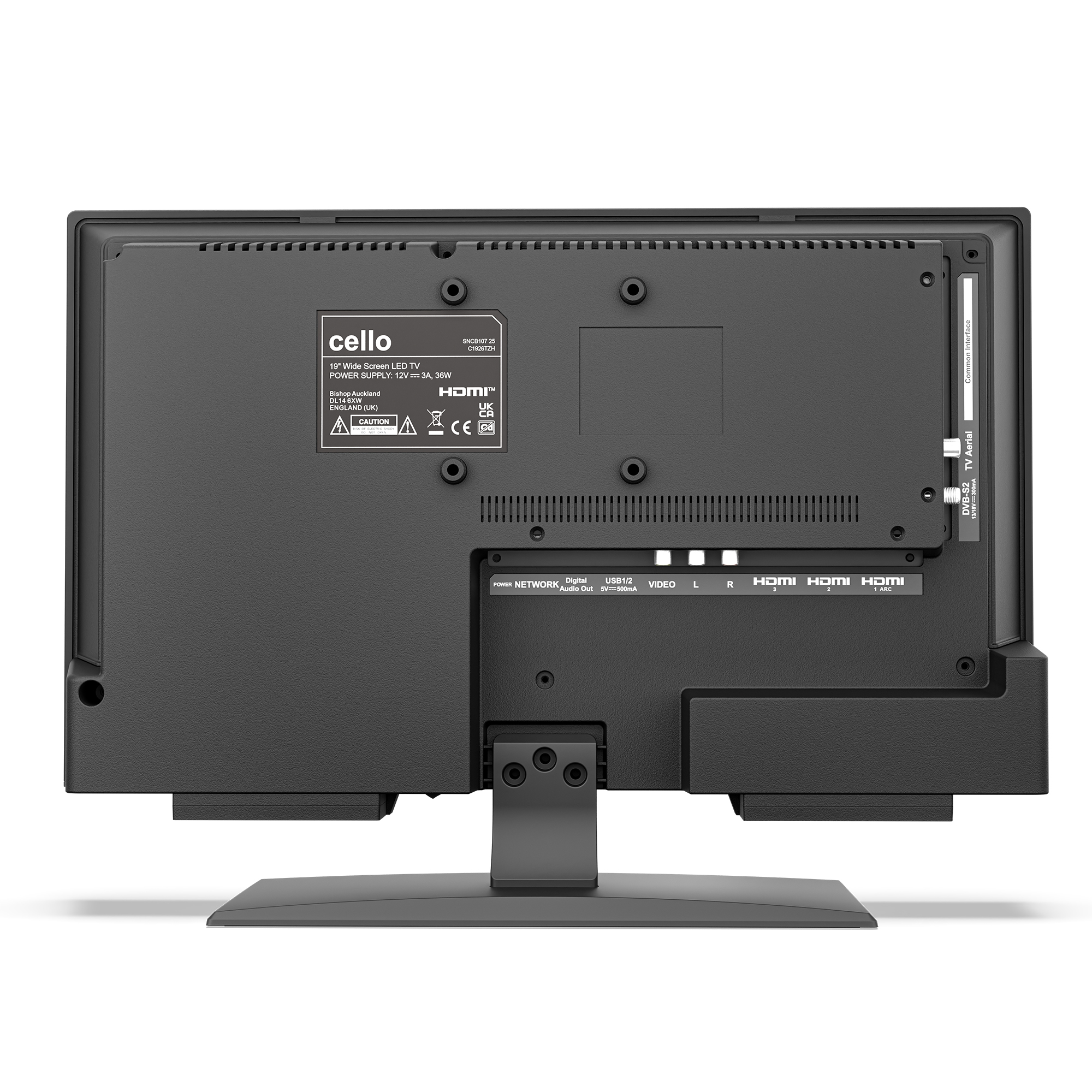 Die Rückseite eines schwarzen Cello-Fernsehers zeigt verschiedene Anschlüsse wie HDMI, USB und Antenne.