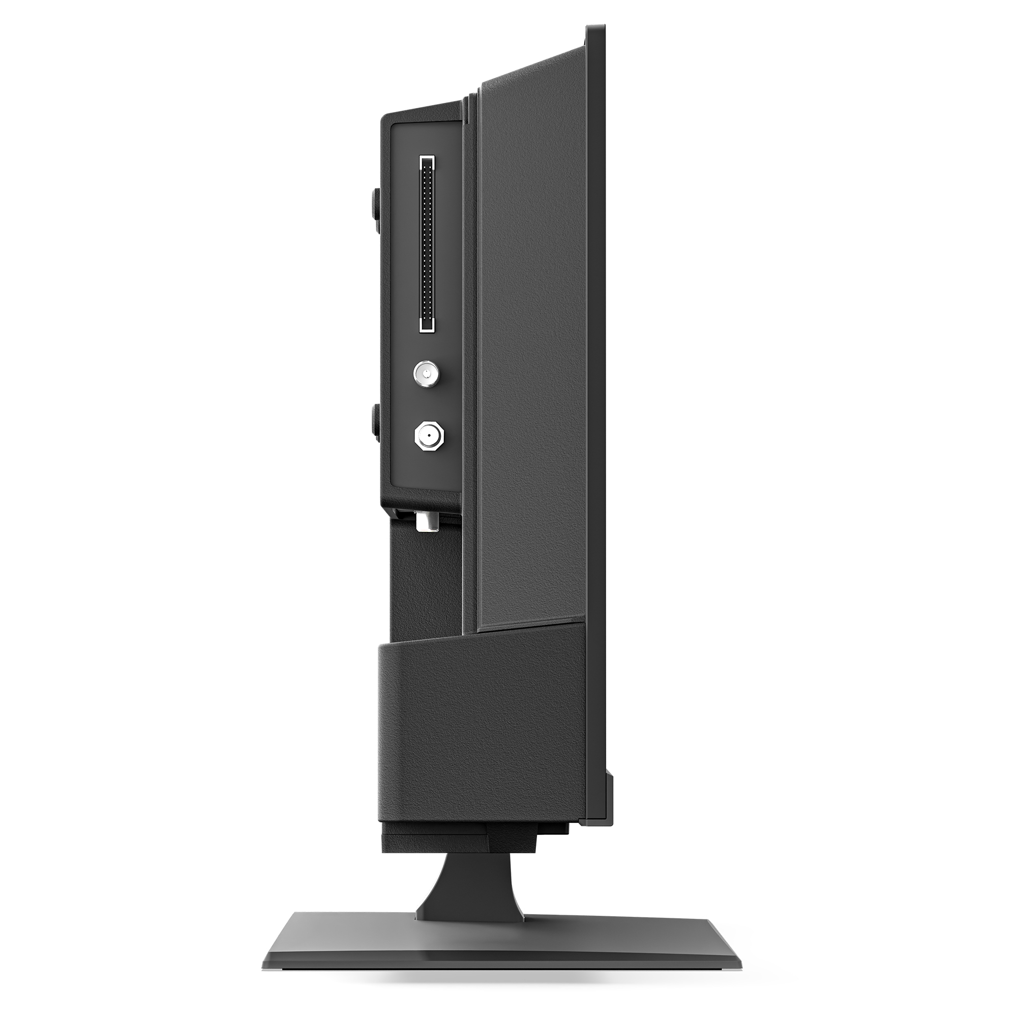 Seitenansicht eines schwarzen Fernsehers mit Anschlüssen auf einem Ständer.