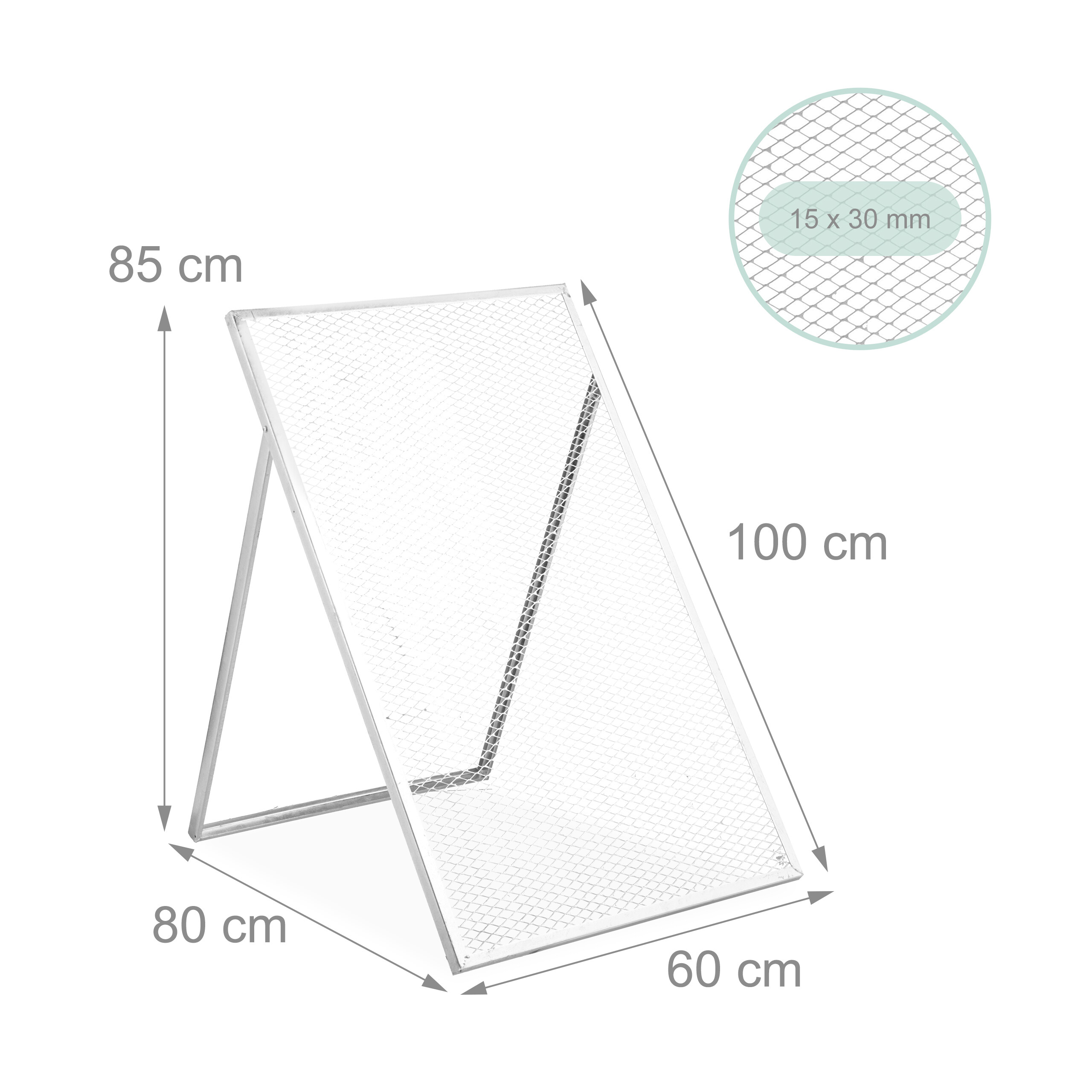 Diagramm eines A-Rahmens mit Netz und Maßen von 85x80x60x100 cm und 15x30 mm.