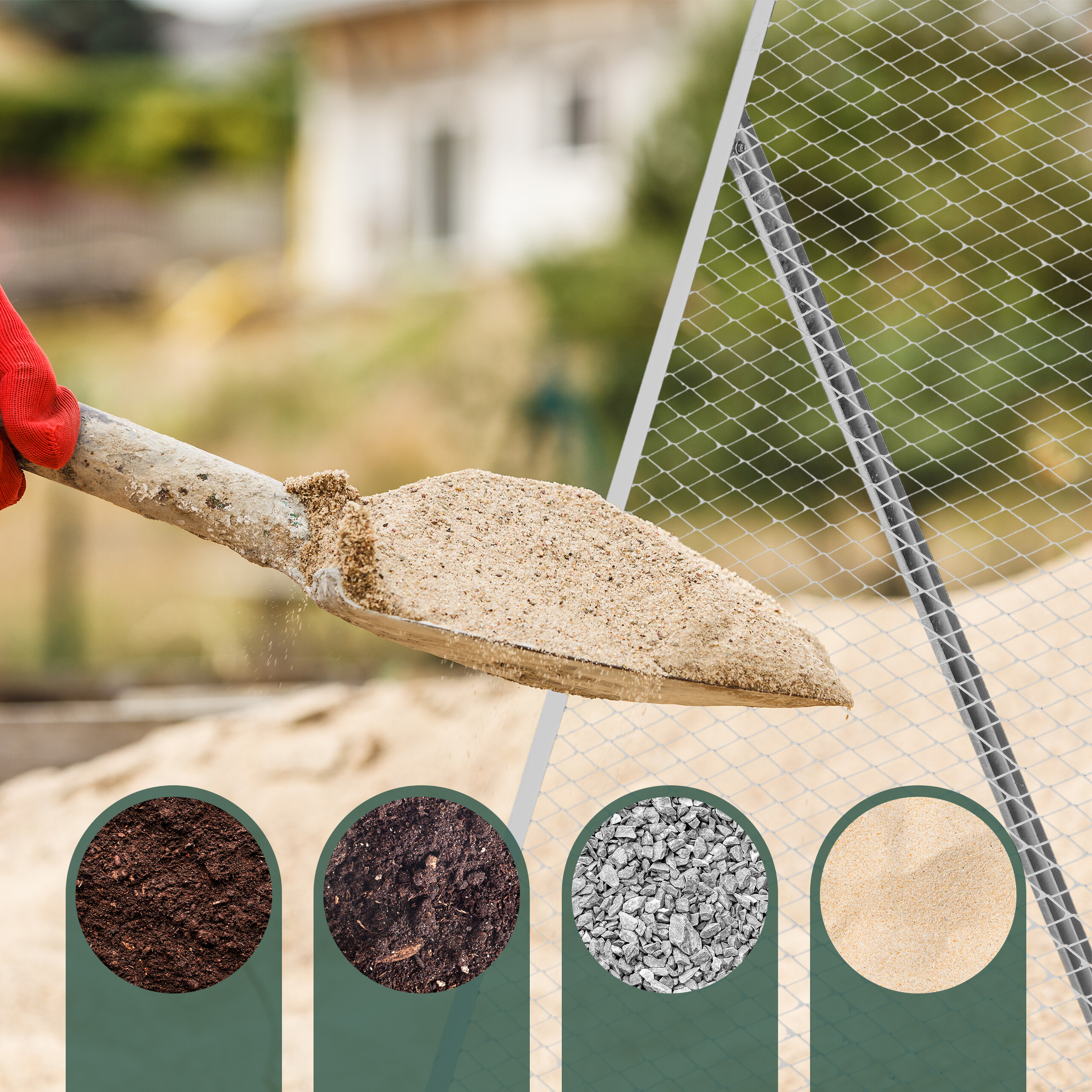 Eine Schaufel voll Sand vor einem Zaun und vier kleine Bodenproben-Kreise unten.