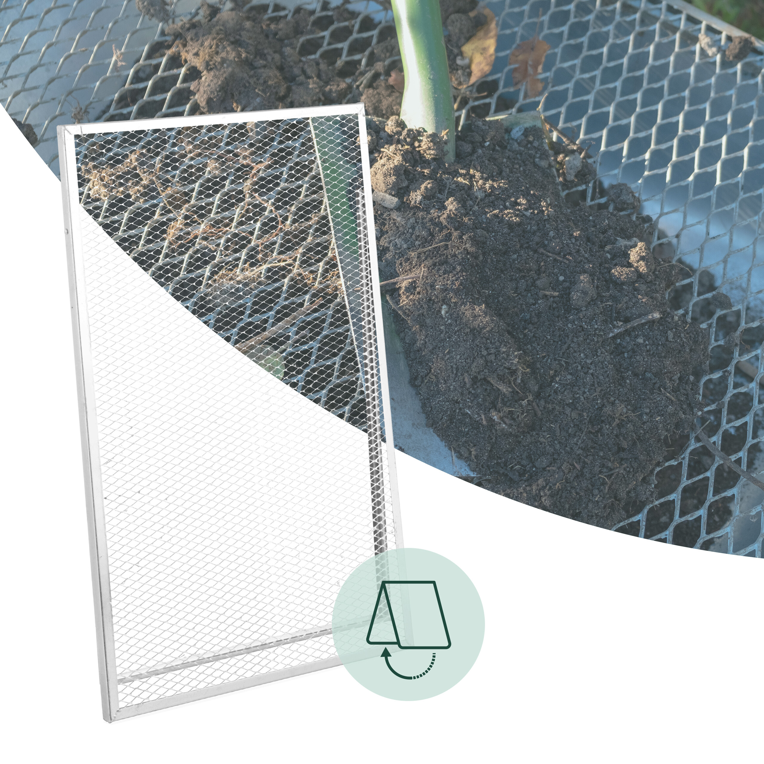 Ein rechteckiges Drahtsieb steht auf einem Metallgitter mit Erde und Schaufelstiel im Hintergrund.