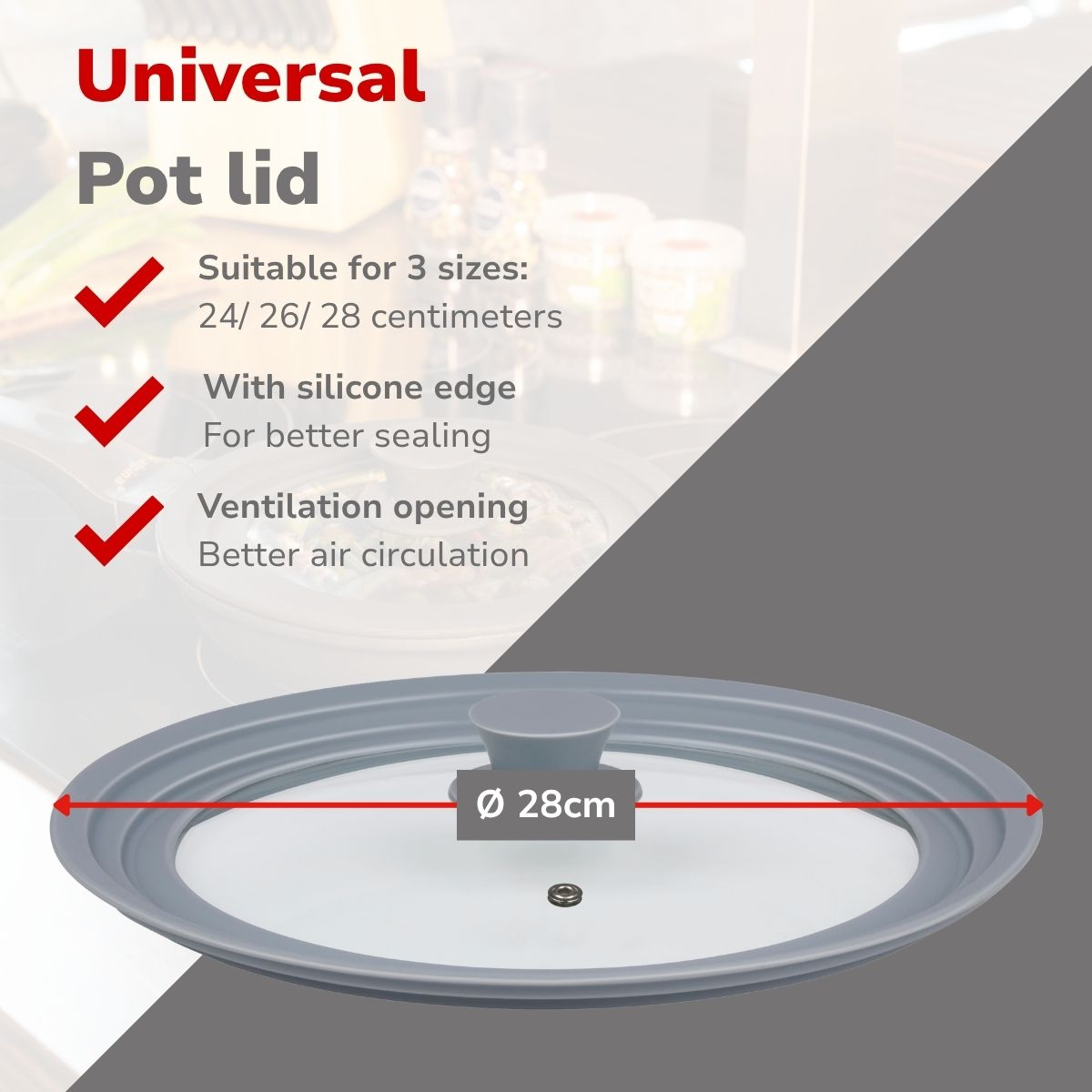 Universal-Topfdeckel aus Glas mit Silikonrand und Griff, Durchmesser 28 cm.