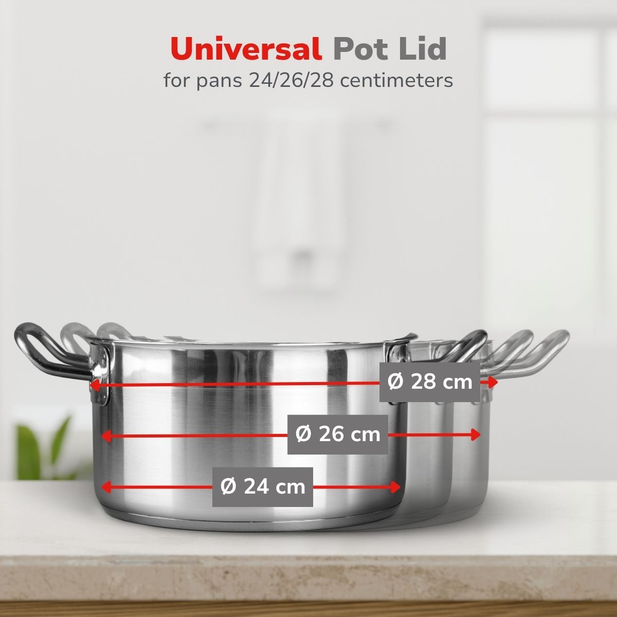 Universal-Topfdeckel für Pfannen mit 24, 26 und 28 cm Durchmesser, gezeigt auf Töpfen.