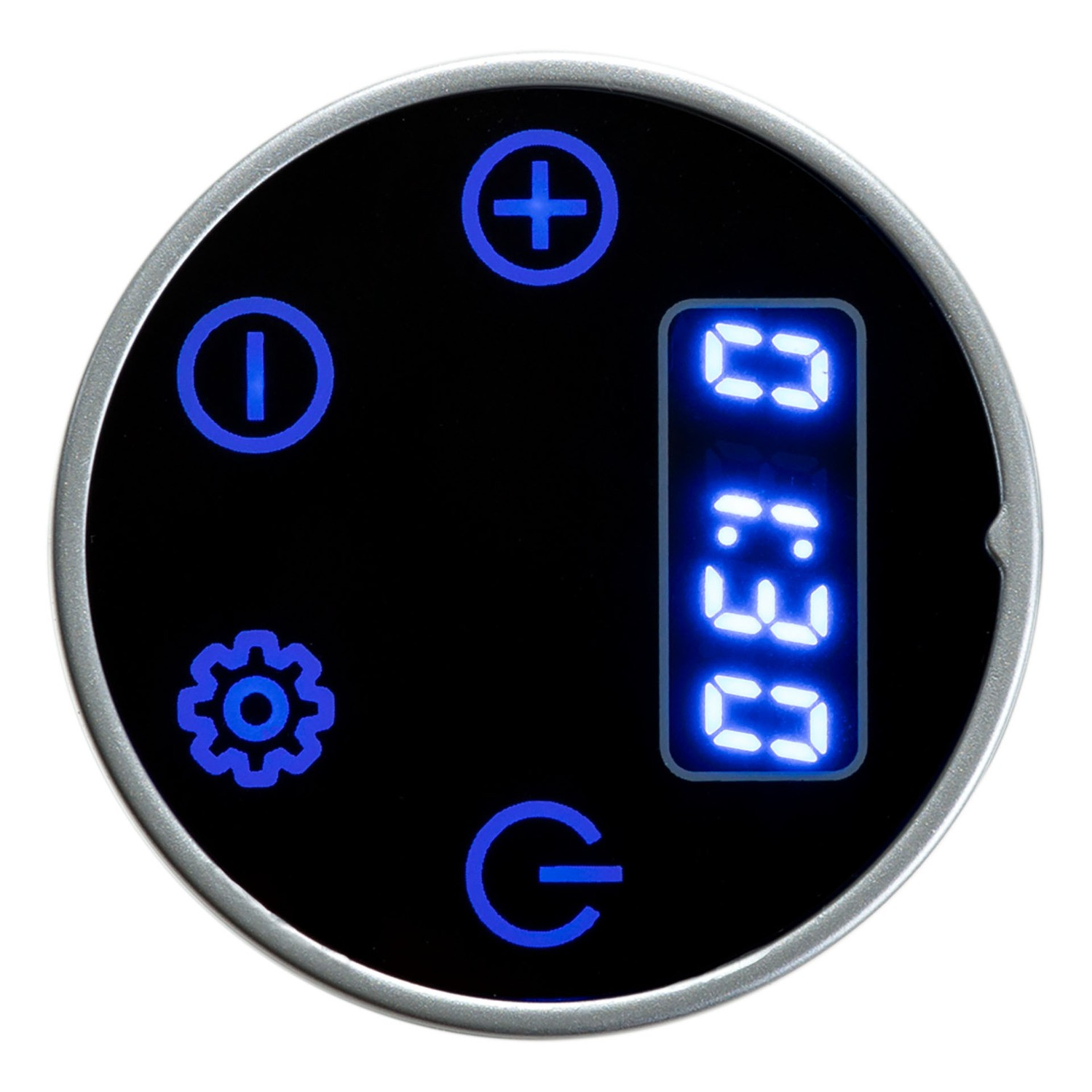 Panel de control negro redondo con botones táctiles iluminados en azul y una pantalla digital que muestra 0:30.