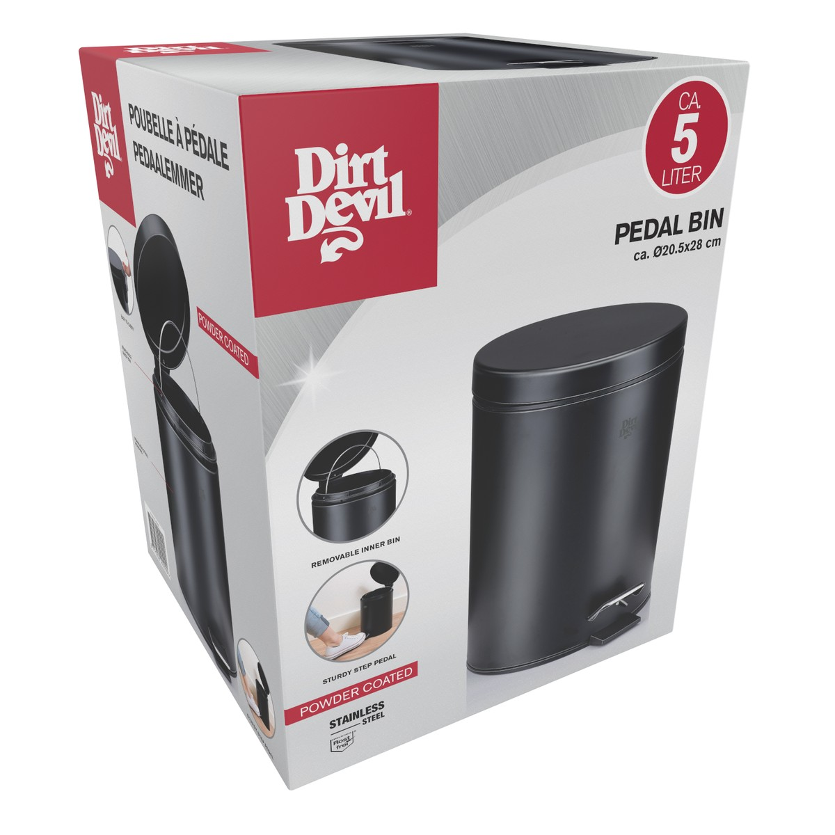 Boîte d'emballage pour une poubelle à pédale Dirt Devil noire de 5 litres, avec marquage rouge et blanc.