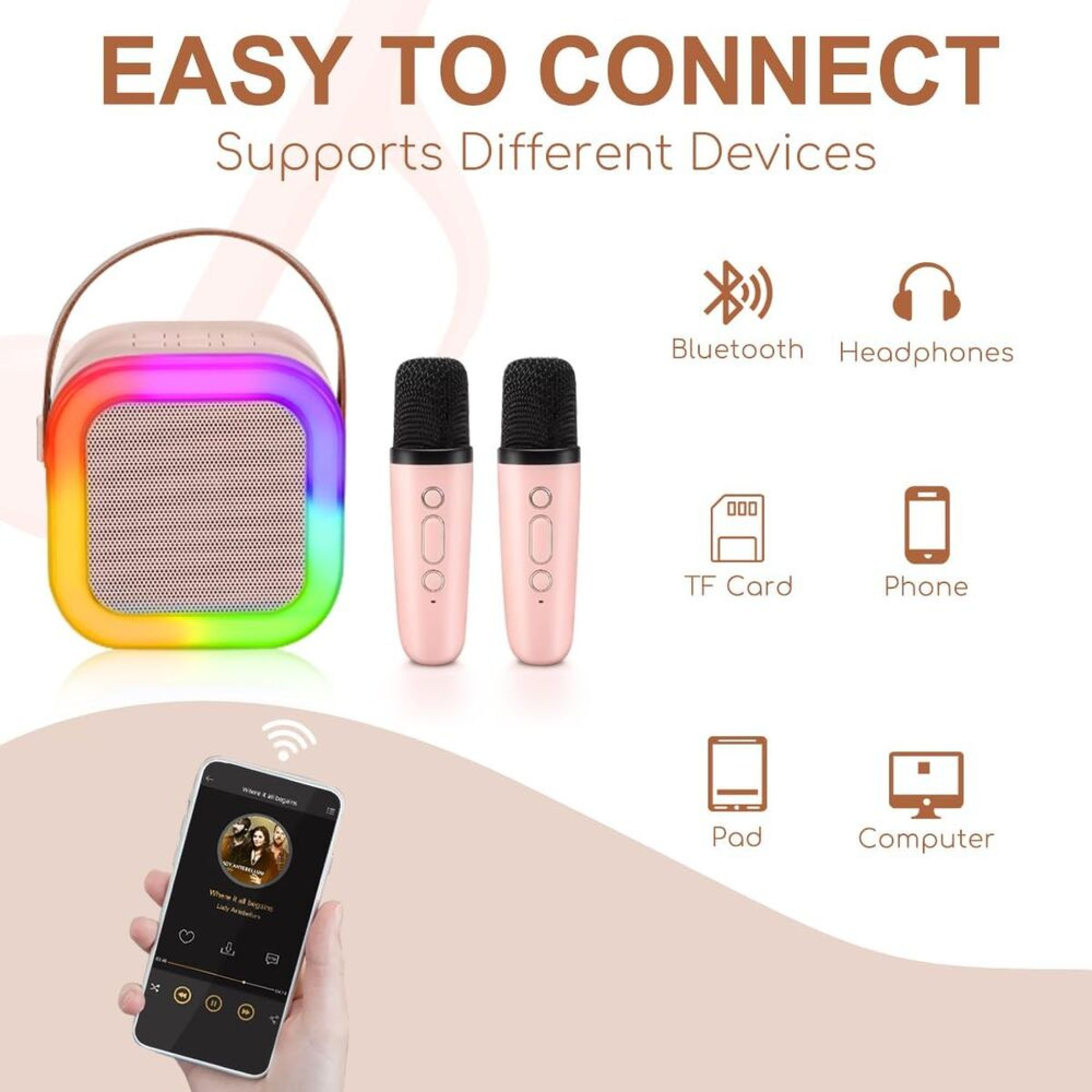 Ein rosa Lautsprecher mit Leuchtring, zwei Mikrofone und Symbole für Bluetooth, Kopfhörer, TF-Karte, Telefon, Pad, Computer.