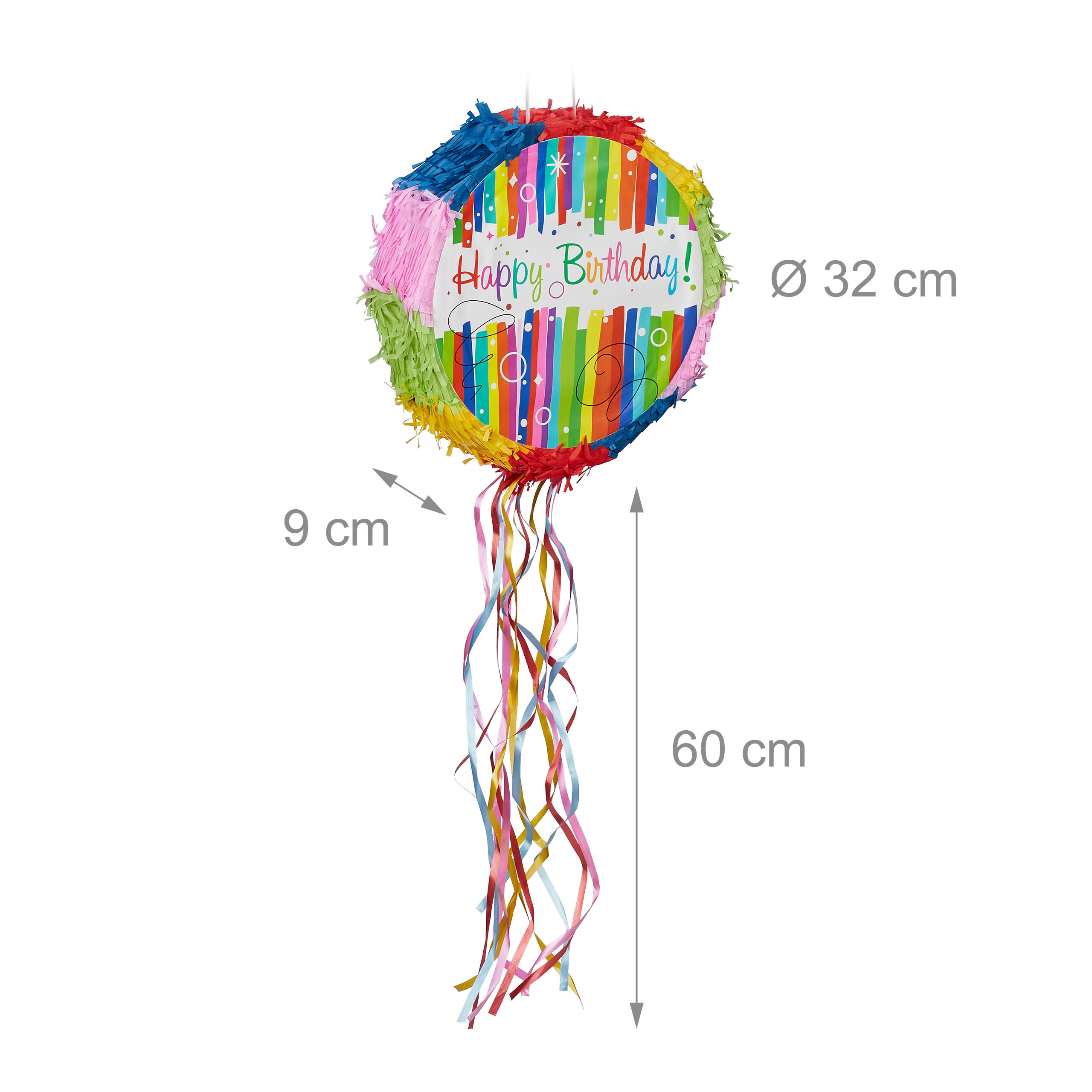 Bunte runde Geburtstagspiñata mit Maßen: 32 cm Durchmesser, 9 cm Tiefe, 60 cm Bandlänge.