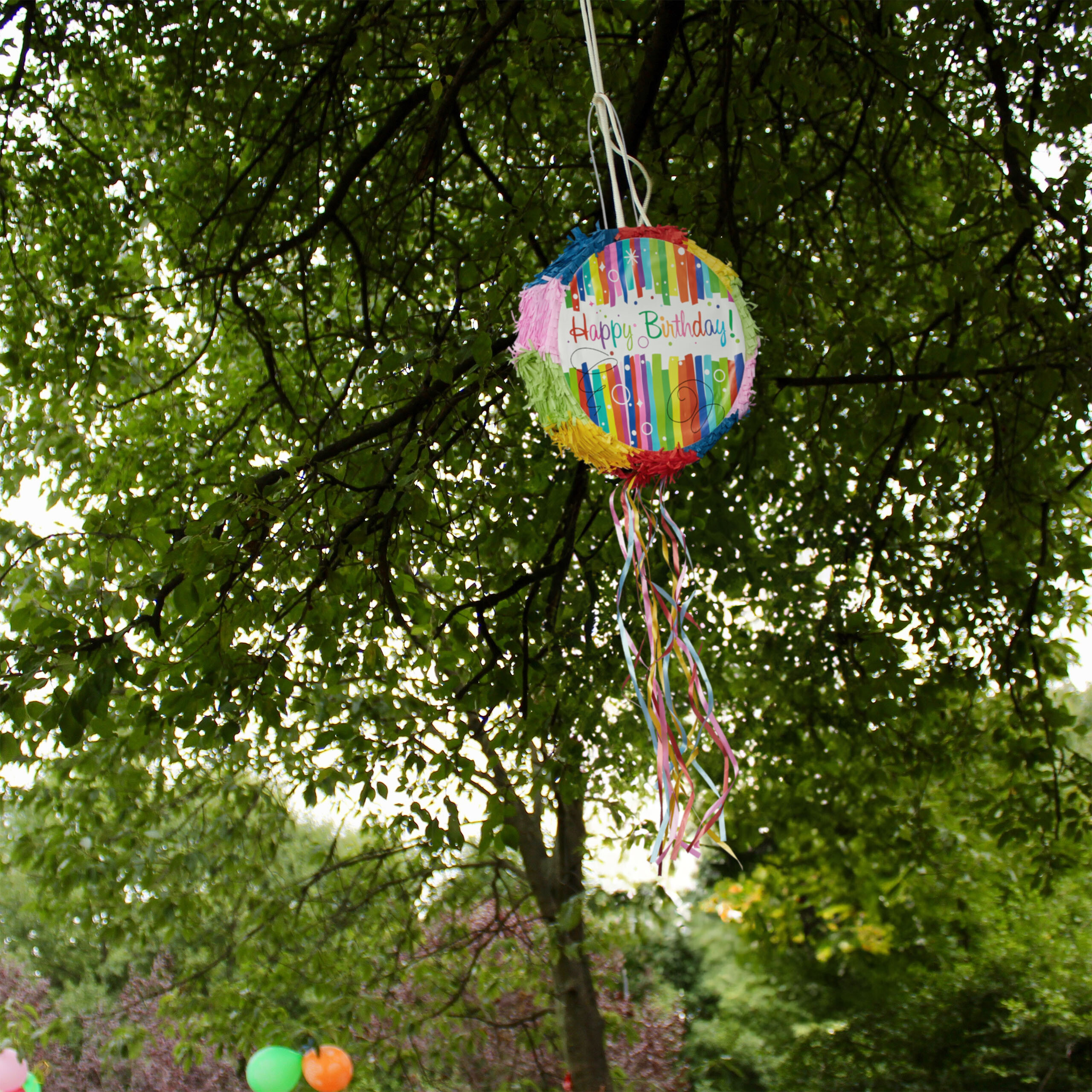 Eine bunte Happy-Birthday-Pinata hängt an einem grünen Baum im Freien.