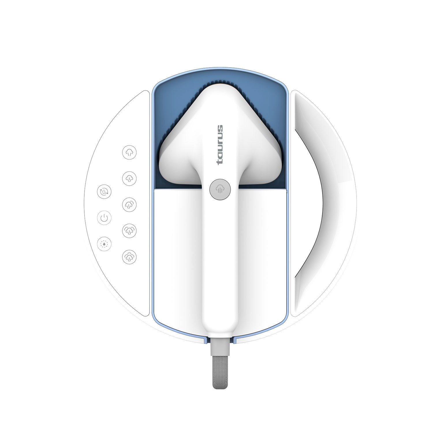 Vista superior de un vaporizador de prendas Taurus blanco acoplado en una base azul y blanca con botones.