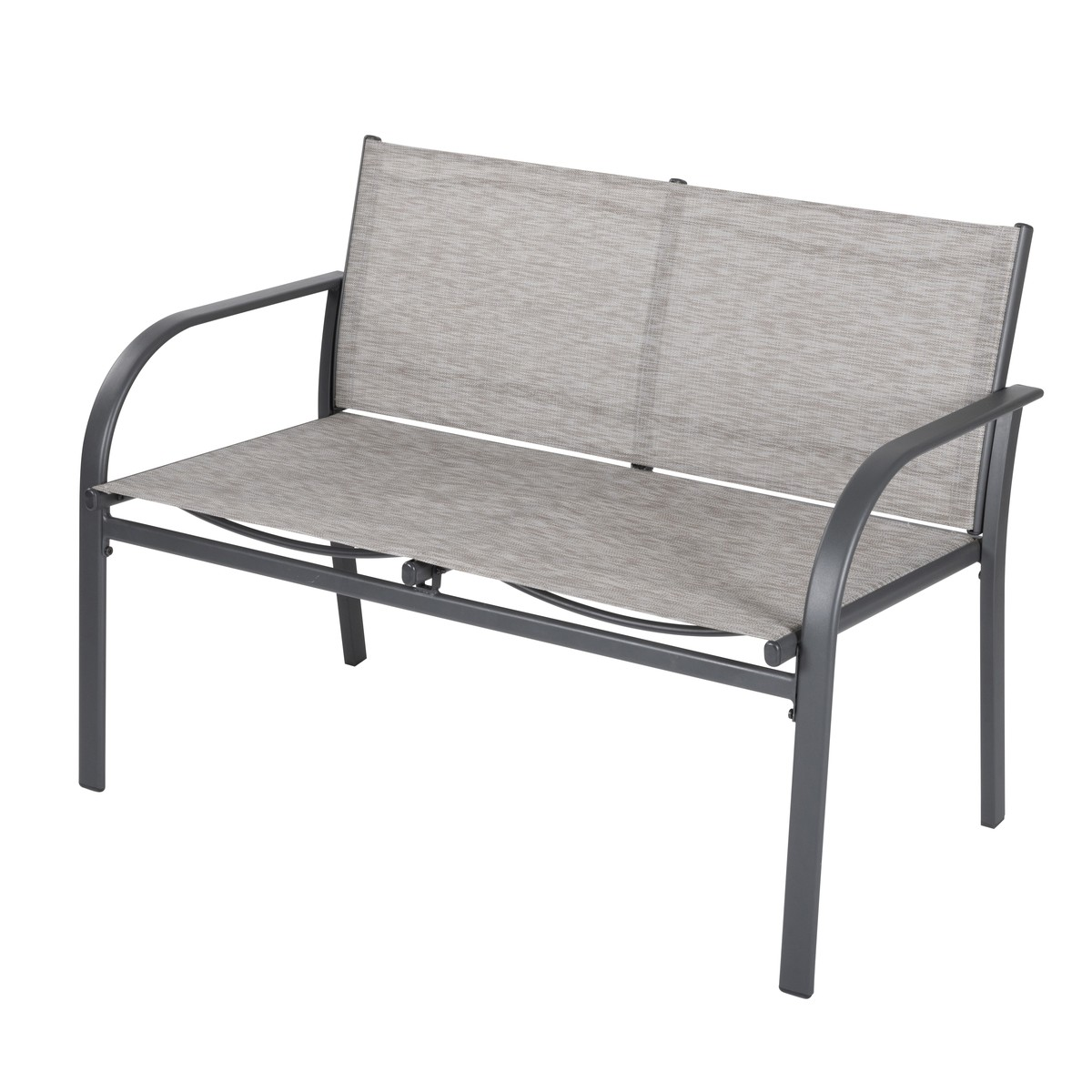 Grijze tuinbank met metalen frame en stoffen bekleding tegen een witte achtergrond.