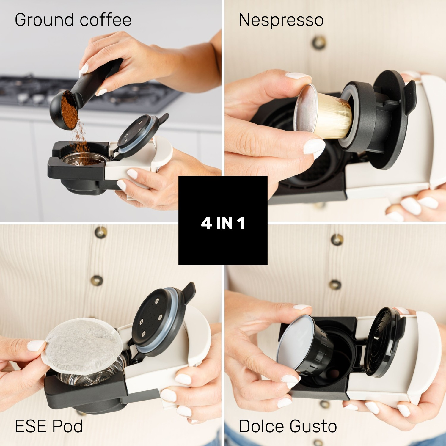 Cuatro paneles con una cafetera 4 en 1 para café molido, Nespresso, monodosis ESE y Dolce Gusto.