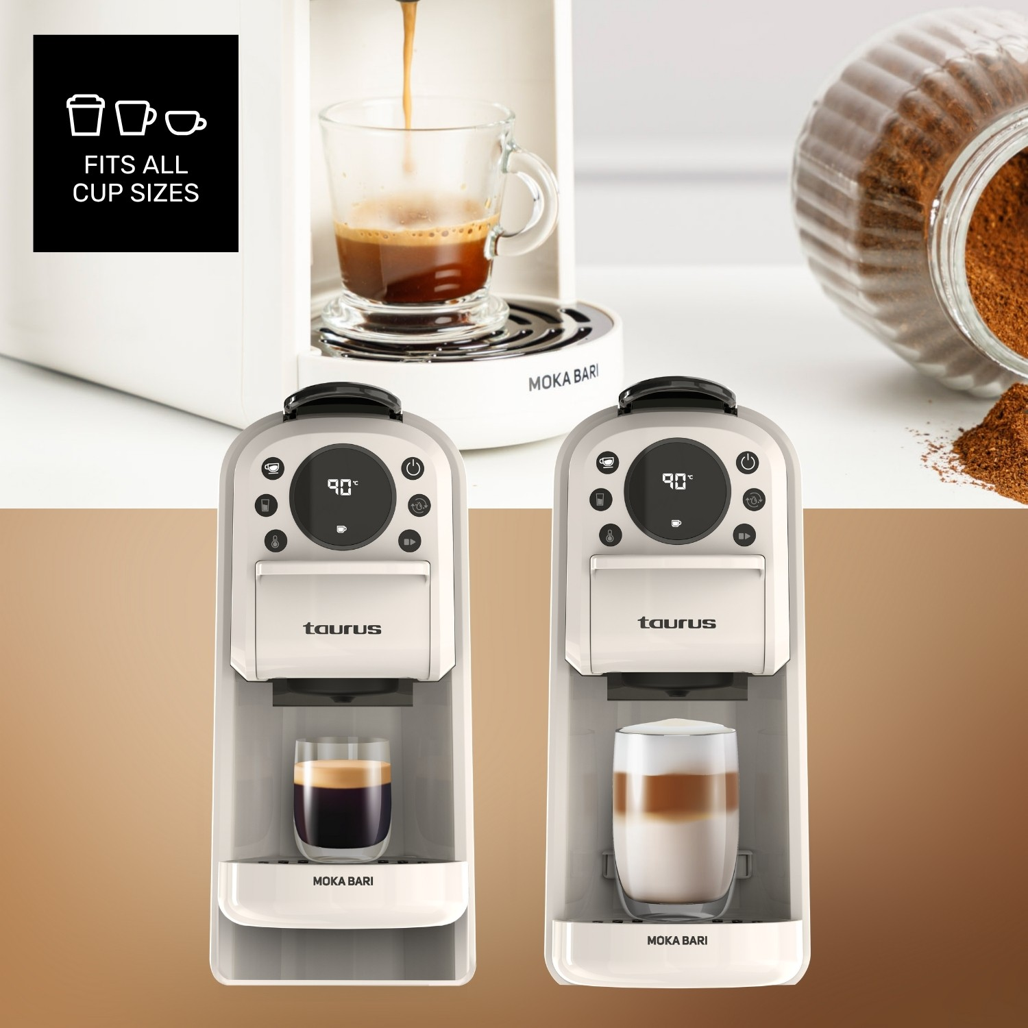 Dos cafeteras blancas Taurus Moka Bari con pantallas digitales y vasos de café.