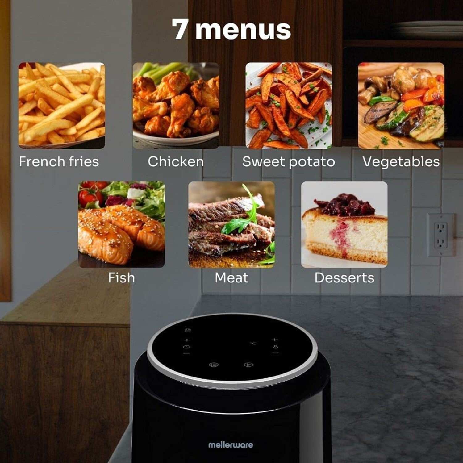 Una freidora de aire con siete iconos de comida que muestran patatas fritas, pollo, batata, verduras, pescado, carne y postres.