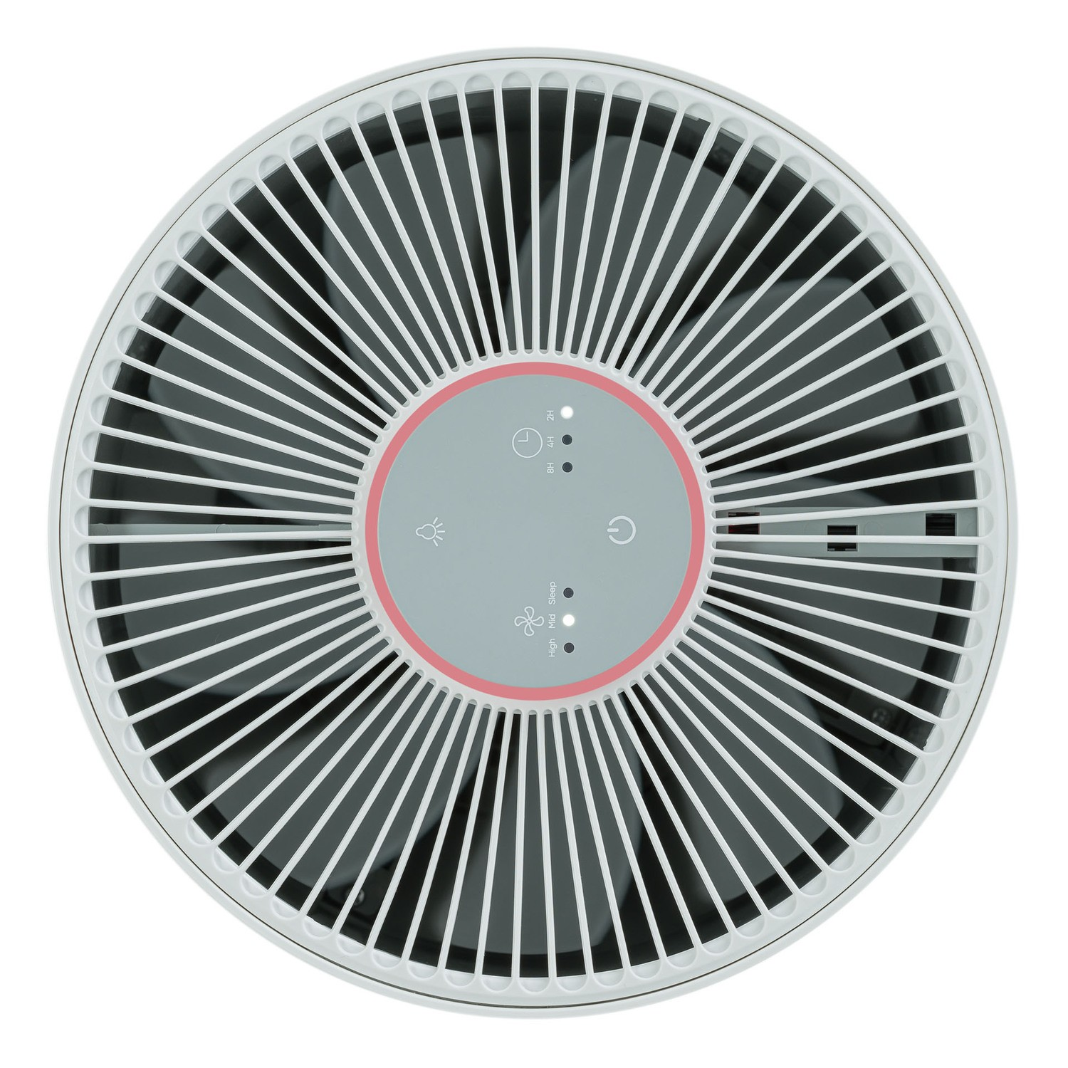 Vista superior de un ventilador blanco con panel de control central rodeado por un anillo rosa y rejilla radial.