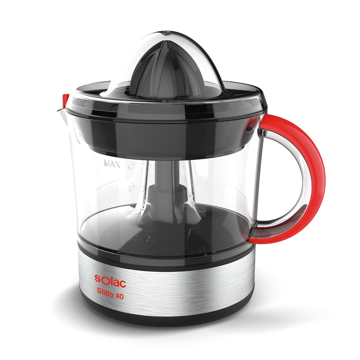 Exprimidor de cítricos Solac Stillo 40 en plata y negro con asa roja y recipiente transparente.