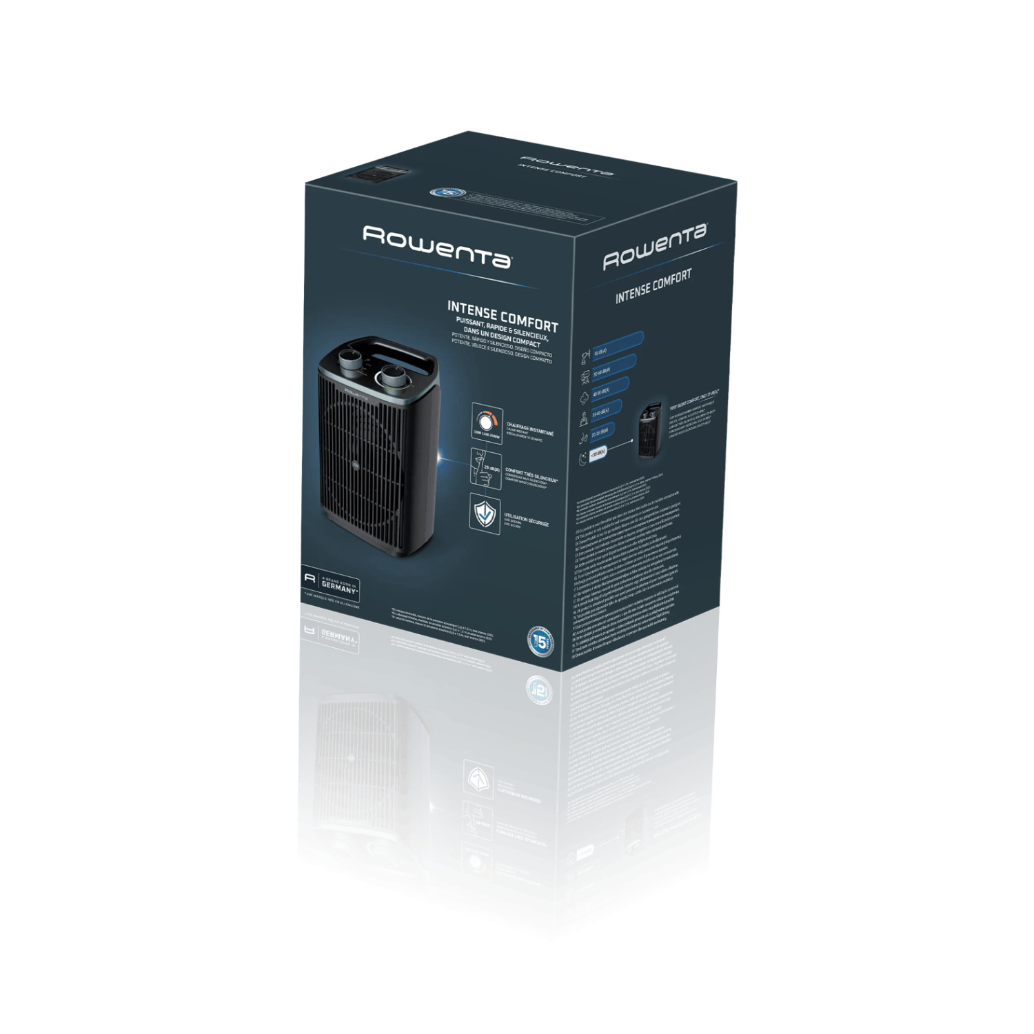 Rowenta Intense Comfort Heizkarton mit Produktbildern, Funktionen und Branding vor dunklem Hintergrund.