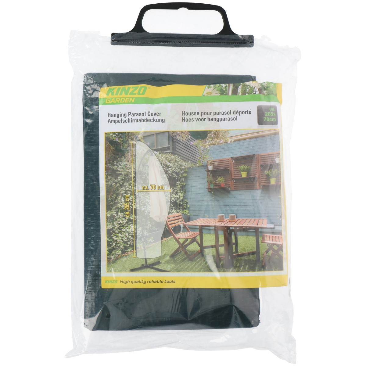 Verpackter Kinzo Garten Hängeschirmbezug in Plastiktüte mit Tragegriff.