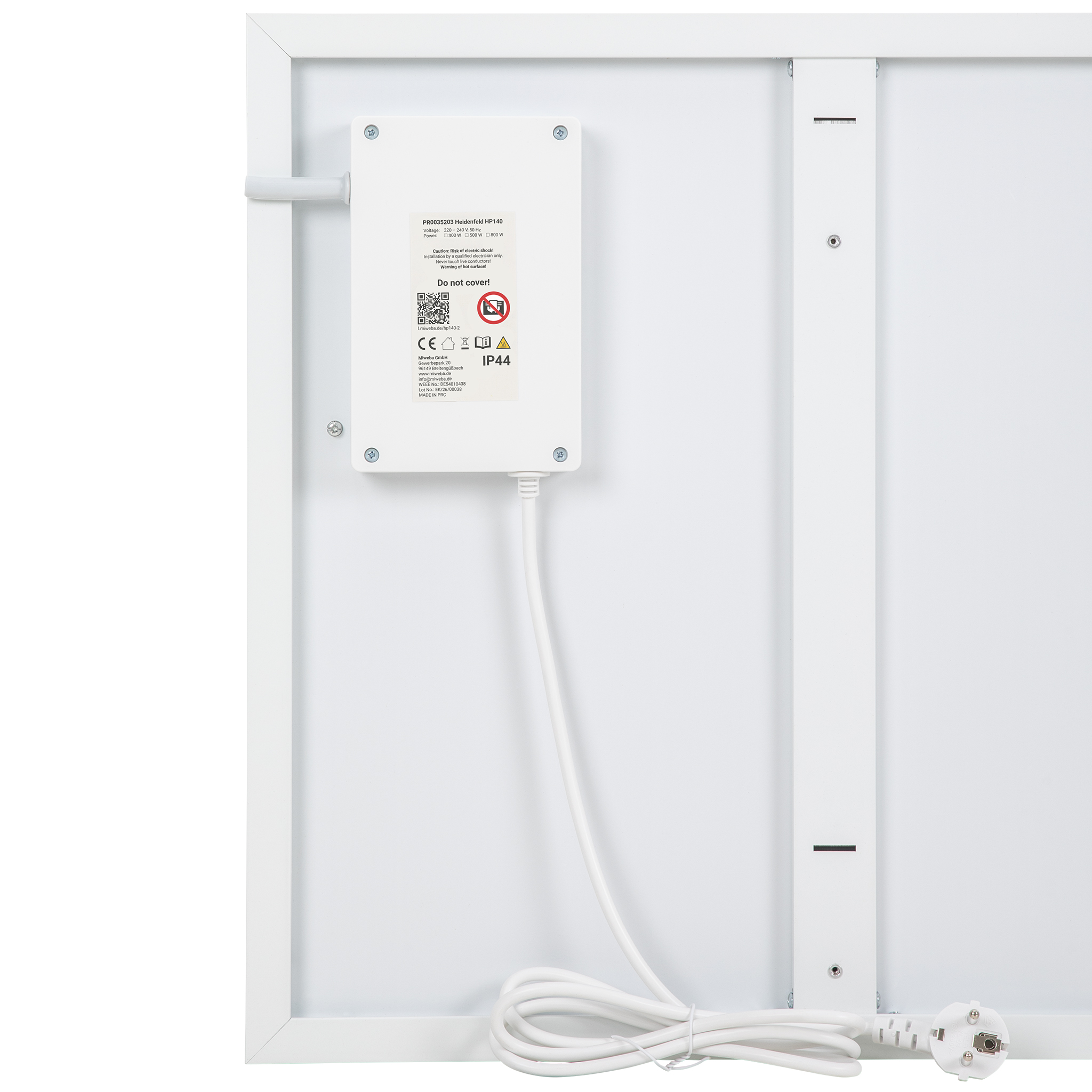 Rückseite eines weißen Panels mit Kontrollbox, Warnhinweisen, vertikaler Halterung und weißem Netzkabel.