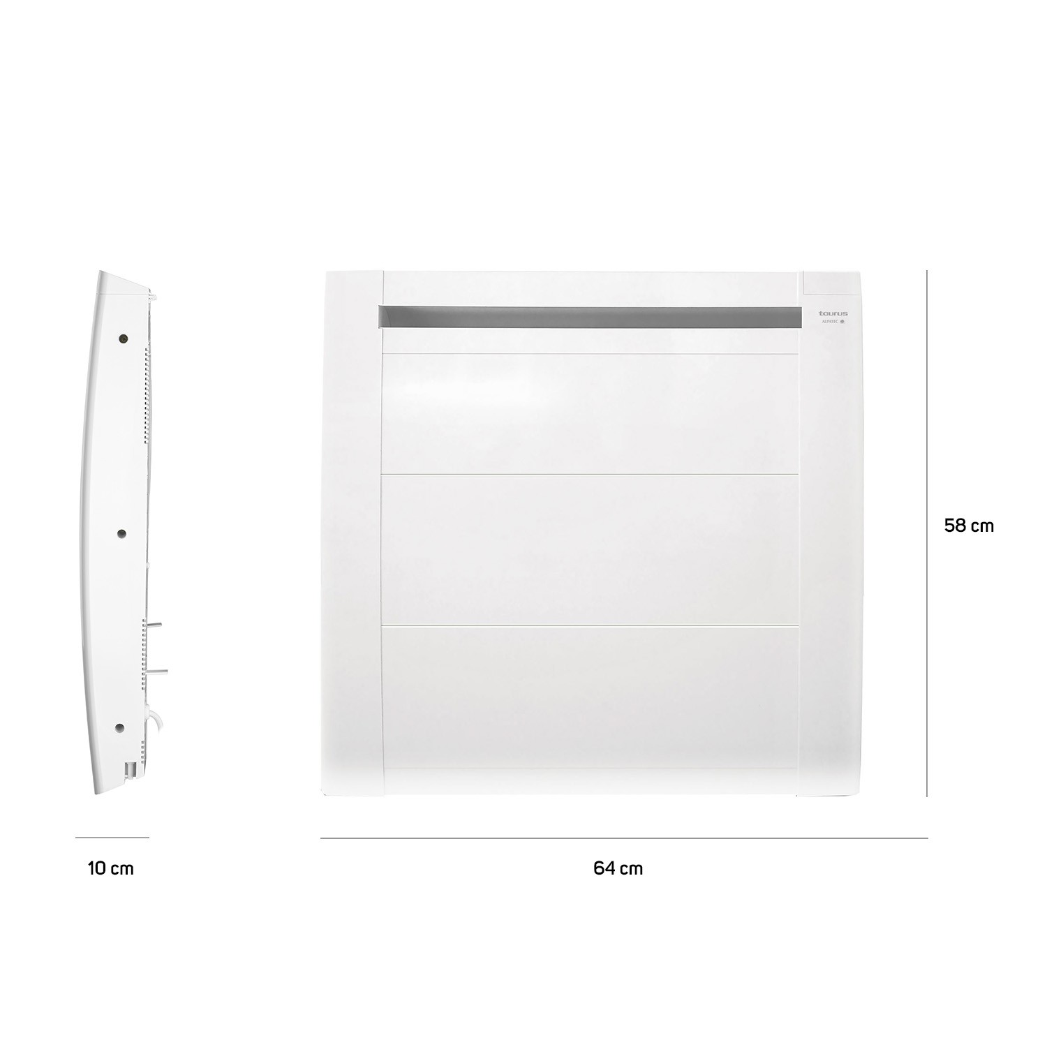 Calefactor blanco de 64 cm de ancho, 58 cm de alto y 10 cm de fondo, en vistas frontal y lateral.