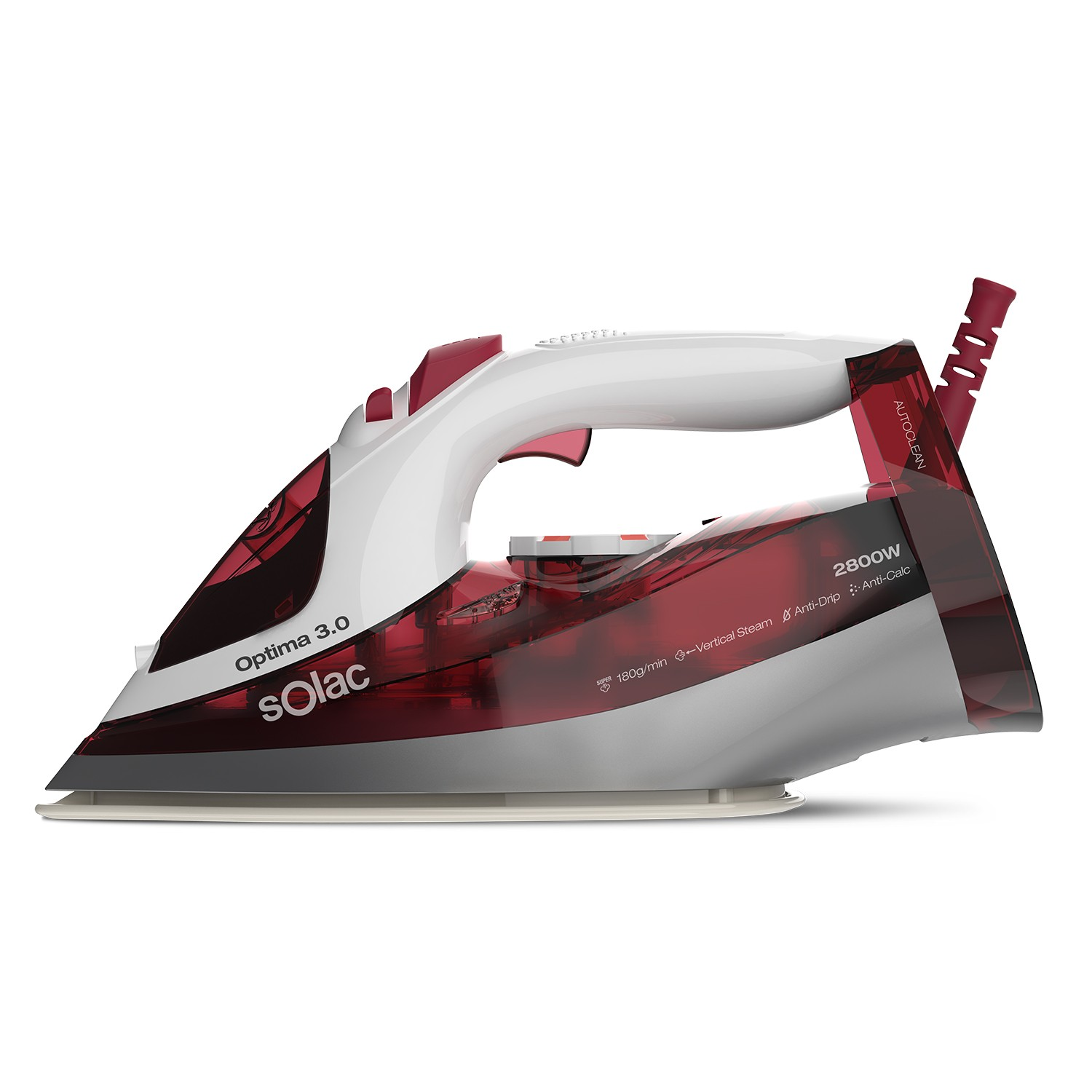Una plancha de vapor Solac Optima 3.0 roja y blanca sobre fondo blanco.