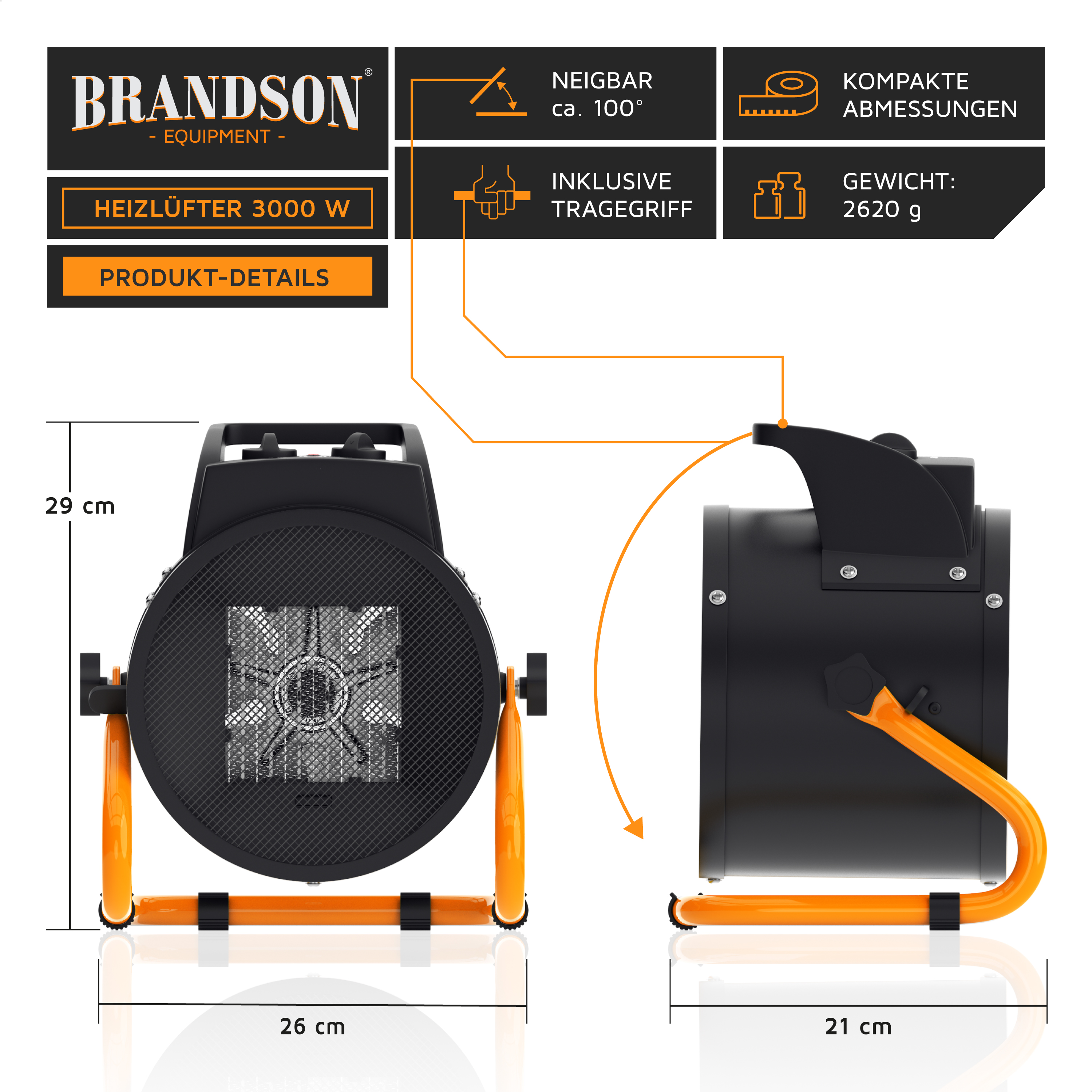 Brandson Heizlüfter 3000 W mit Produktdetails, Maßen, verstellbarem Neigungswinkel und Tragegriff.