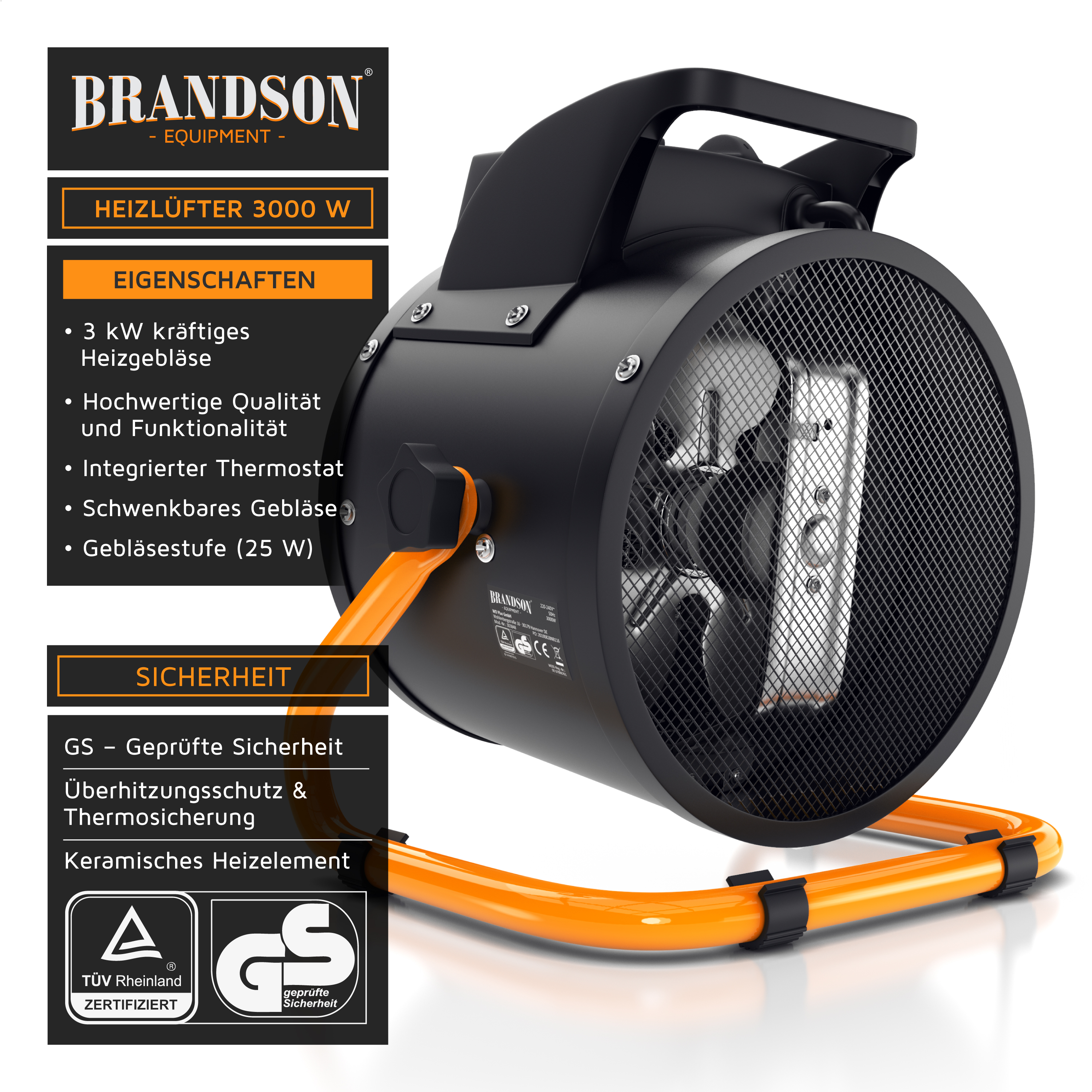 Schwarzer 3000W Heizlüfter mit orangem Standfuß und deutscher Produktbeschriftung links.