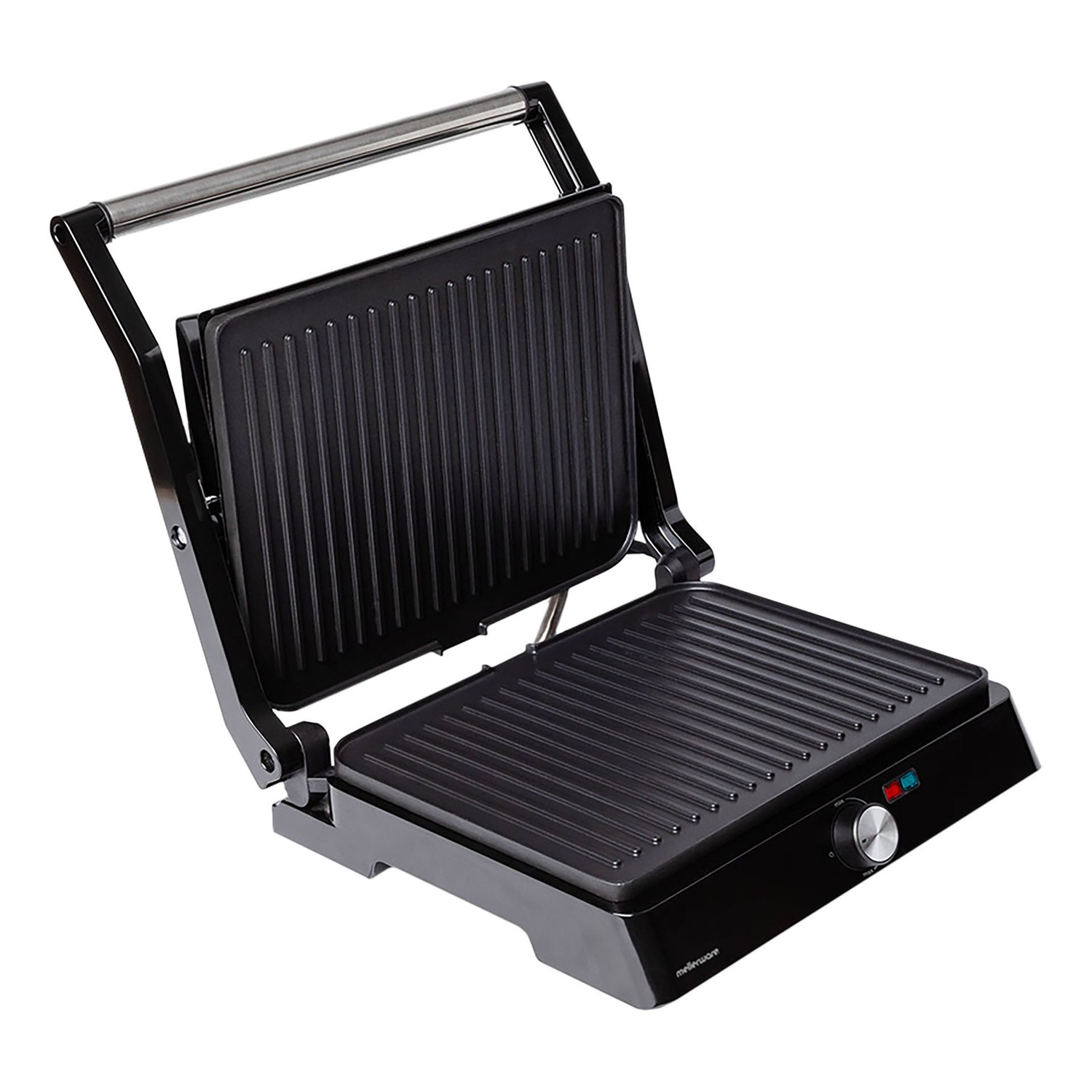 Un grill de contacto negro con tapa abierta, placas estriadas y una perilla de control plateada.